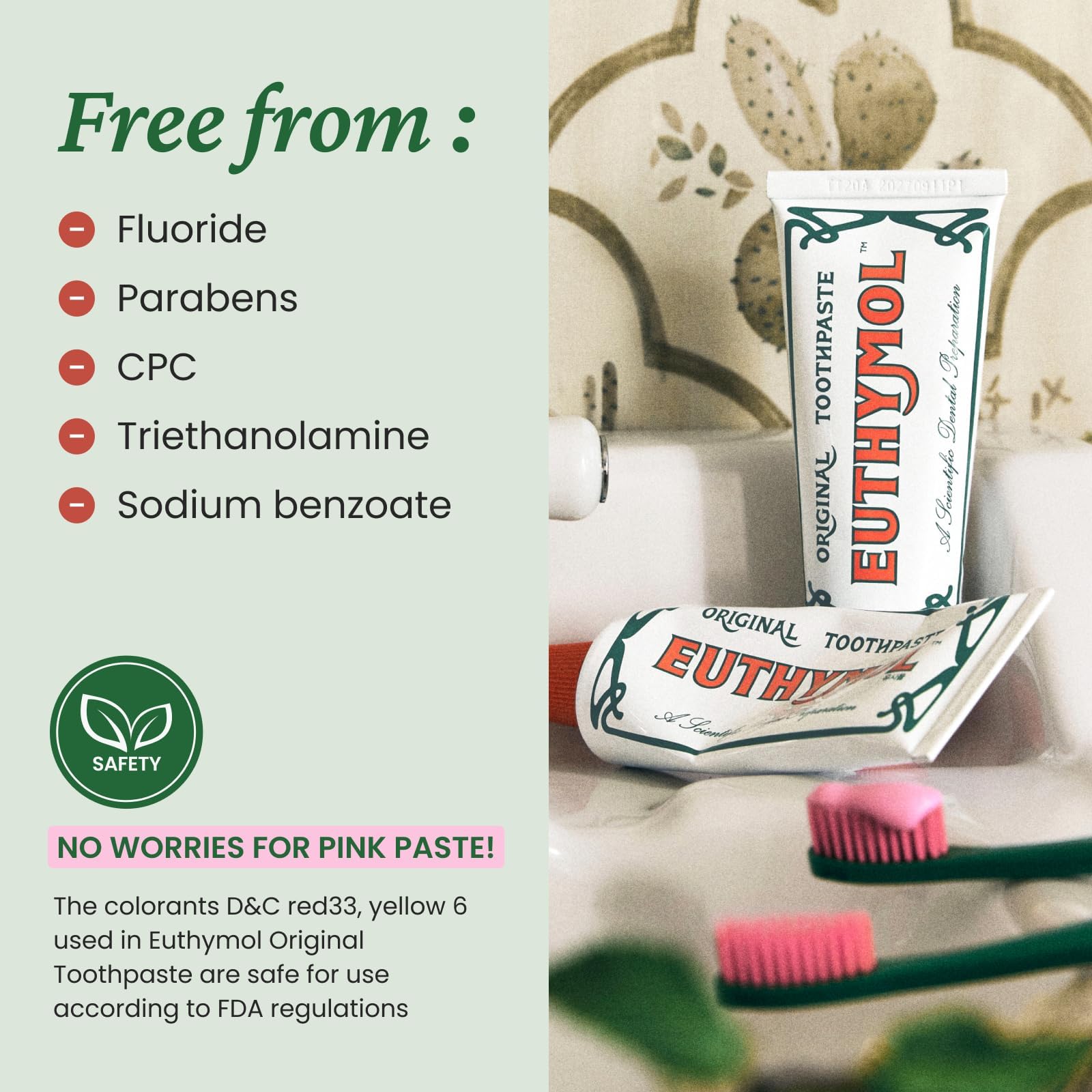 Héritage britannique EUTHYMOL depuis 1898 évoquant fiabilité et expérience.
