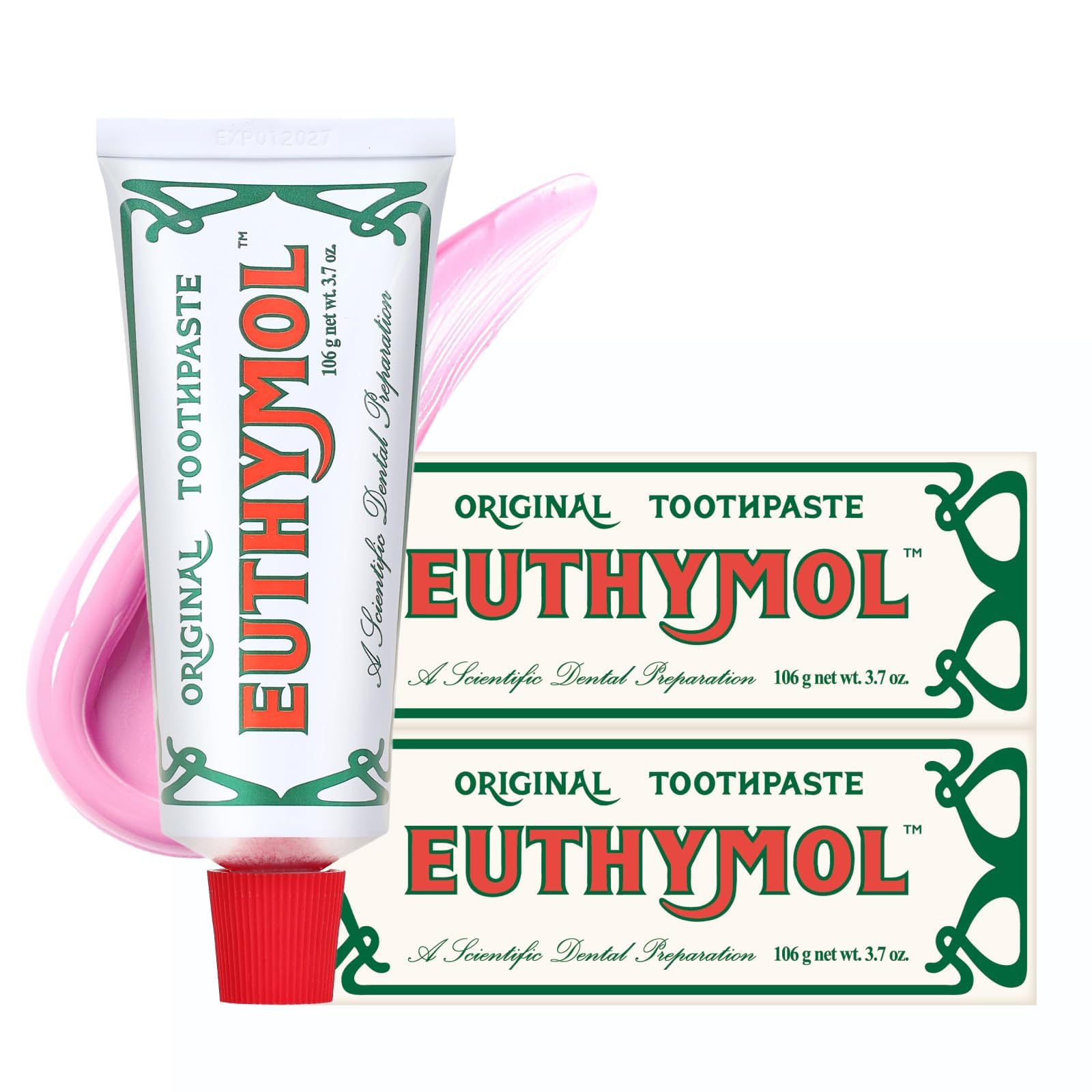Tube de dentifrice EUTHYMOL Originale Rose prêt à l’emploi pour une fraîcheur longue durée