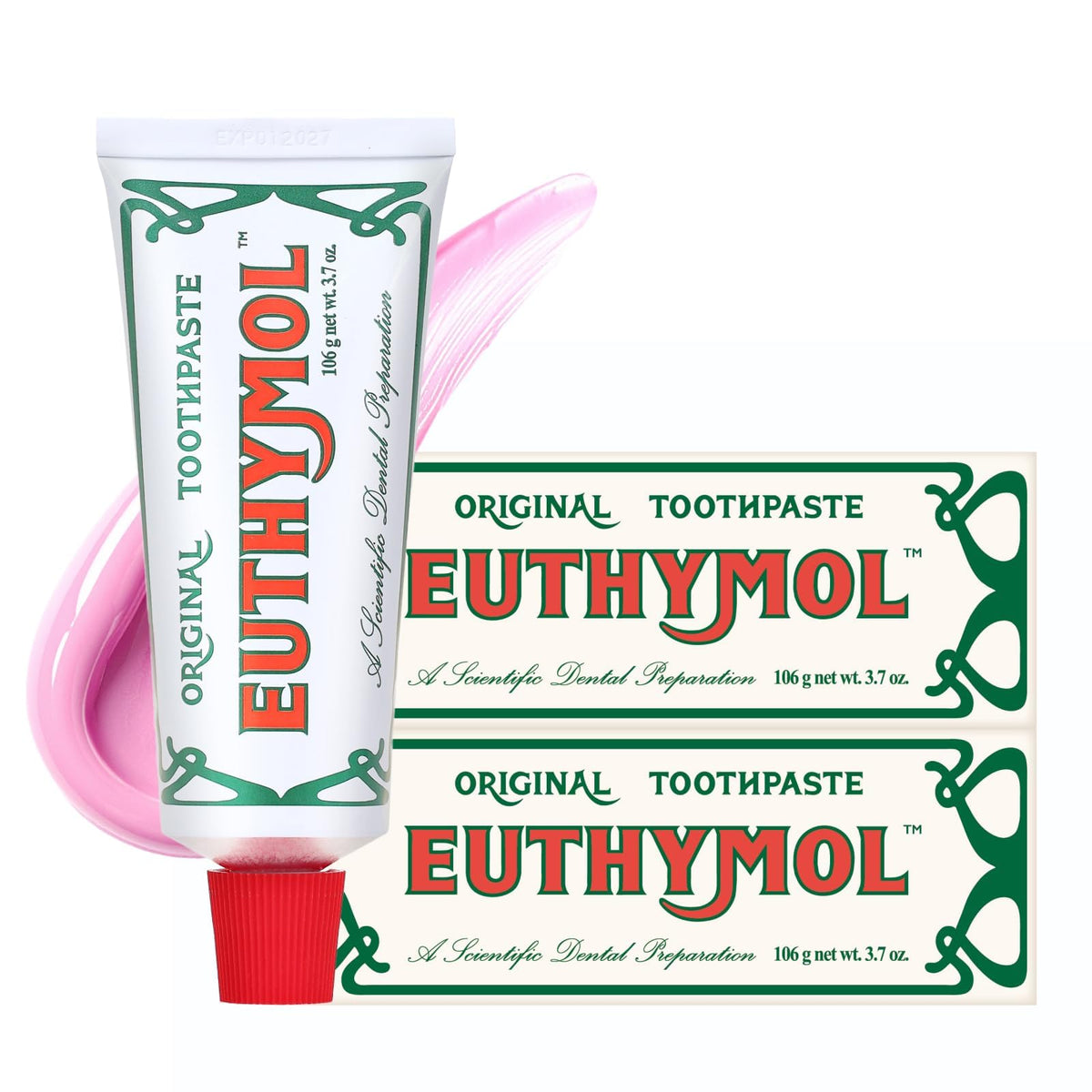 Tube de dentifrice EUTHYMOL Originale Rose prêt à l’emploi pour une fraîcheur longue durée
