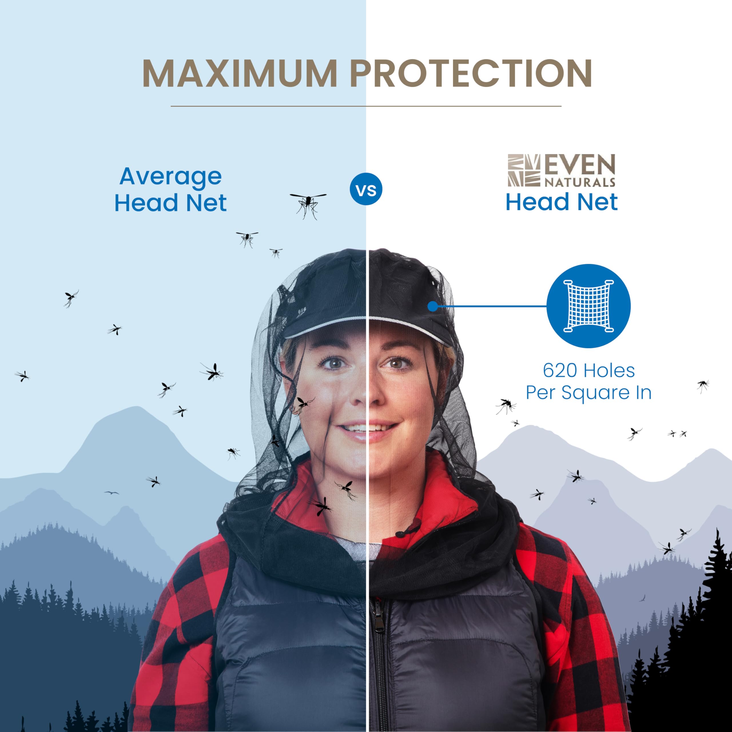 Even Naturals filet tête moustique, compatible avec chapeau pour activité en plein air.