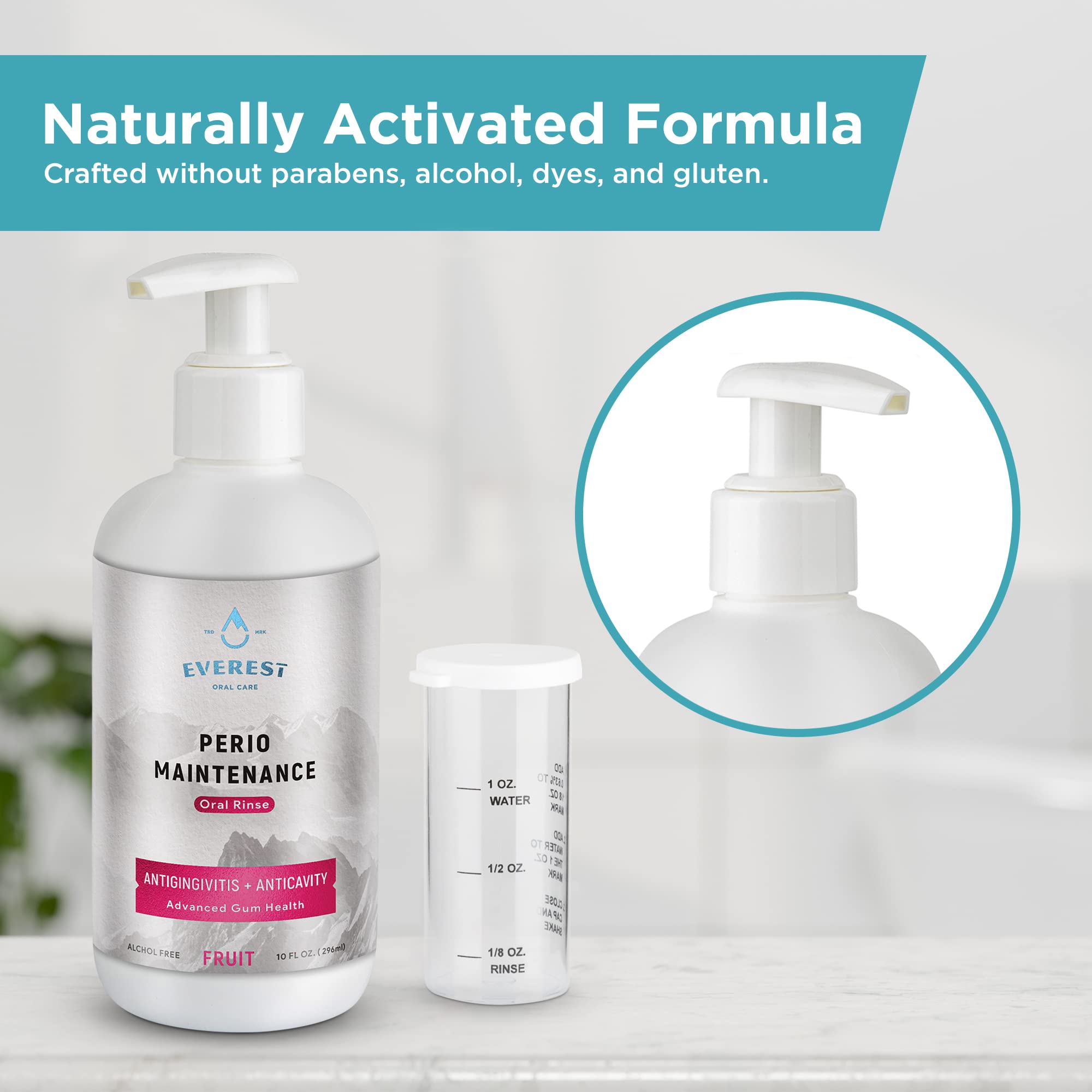 Everest Oral Care Perio Maintenance : bouchon doseur pour dosage précis.