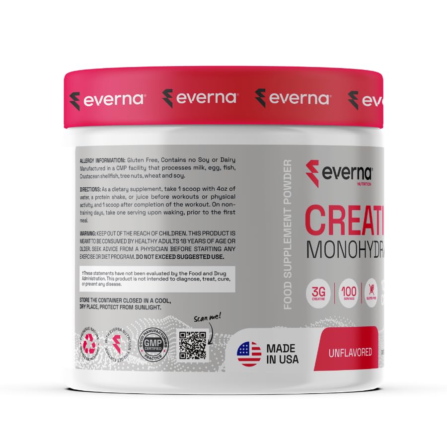 Mélange rapide avec eau ou boisson, sans saveur, EVERNA Creatine Monohydrate.