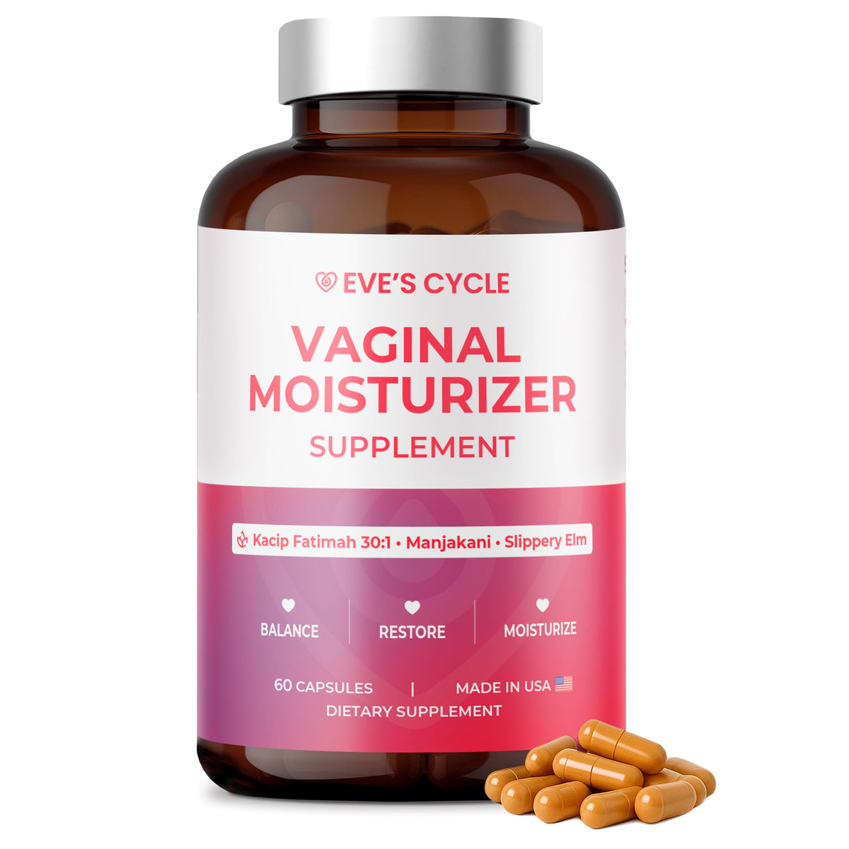 Eve's Cycle: capsules vegan 60, flacon compact pour l'usage quotidien.