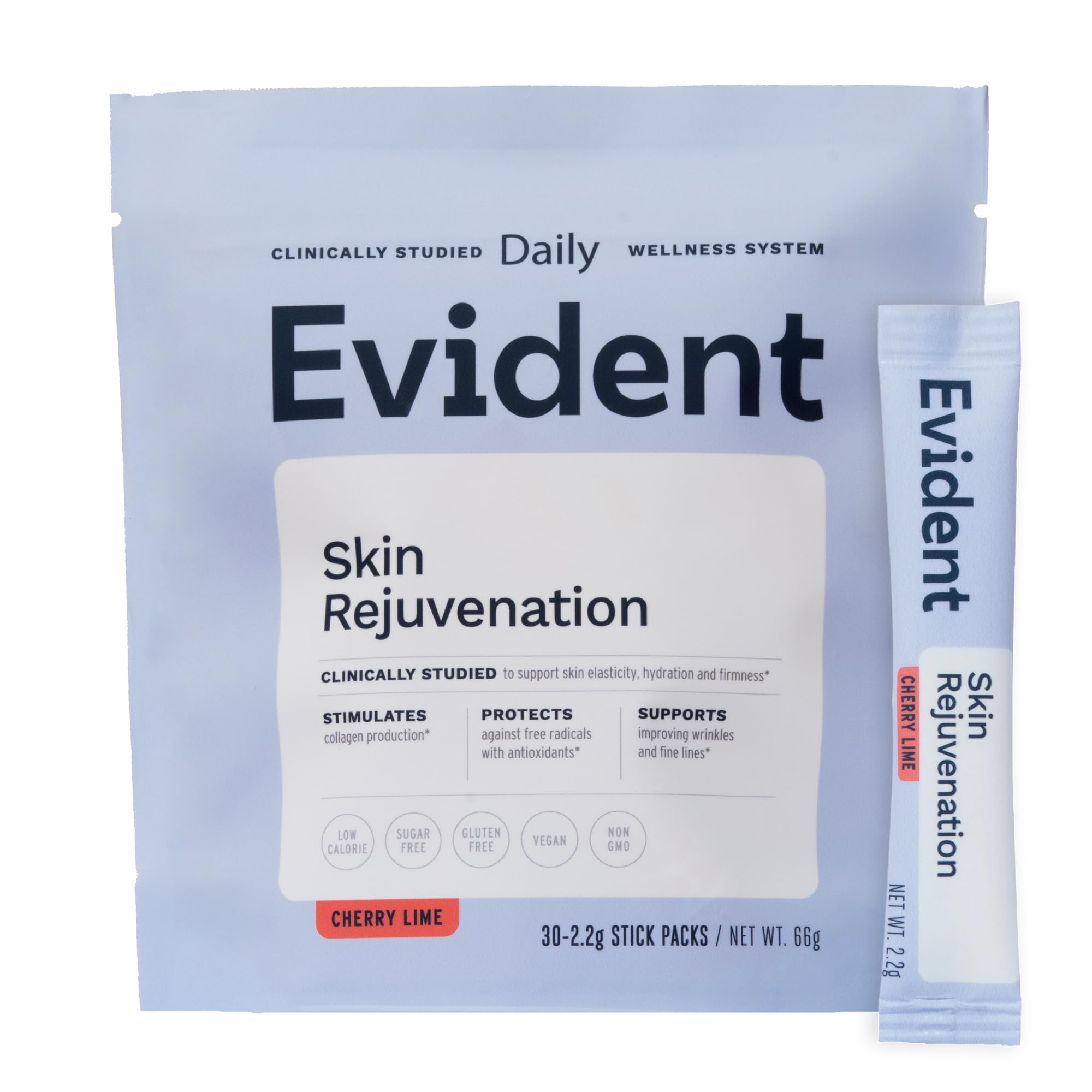 Emballage EVIDENT WELLNESS Skin Rejuvenation Stick Pack prêt à l’emploi, pratique pour déplacements.