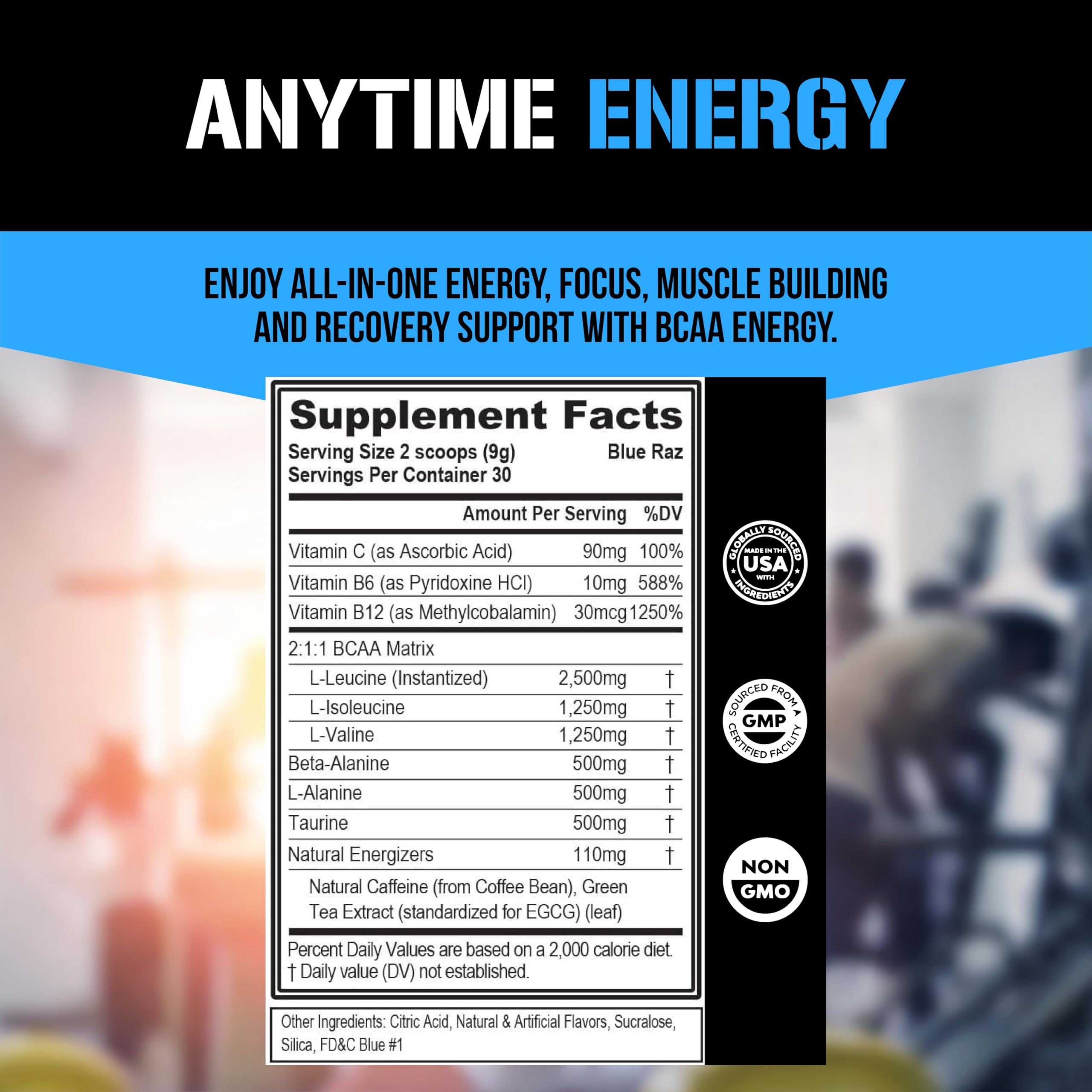 EVL BCAAs Energy – Gros plan sur taurine et caféine naturelle.