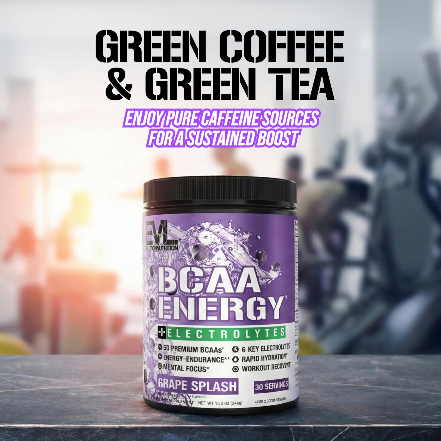 EVL BCAAs Énergie Raisin – sachet-poudre prêt à être mélangé pour récupération et hydratation.