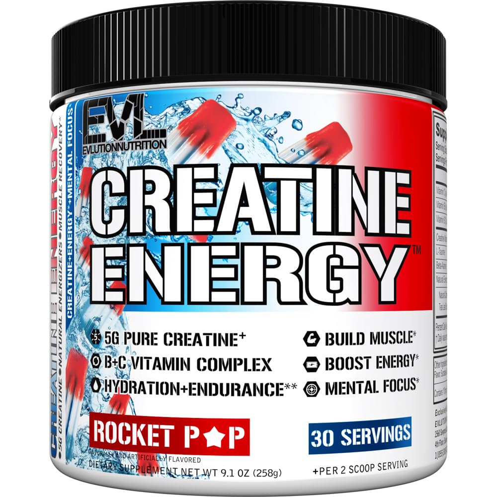 Bouteille EVL Creatine Energy au goût Rocket Pop pour booster l'entraînement.