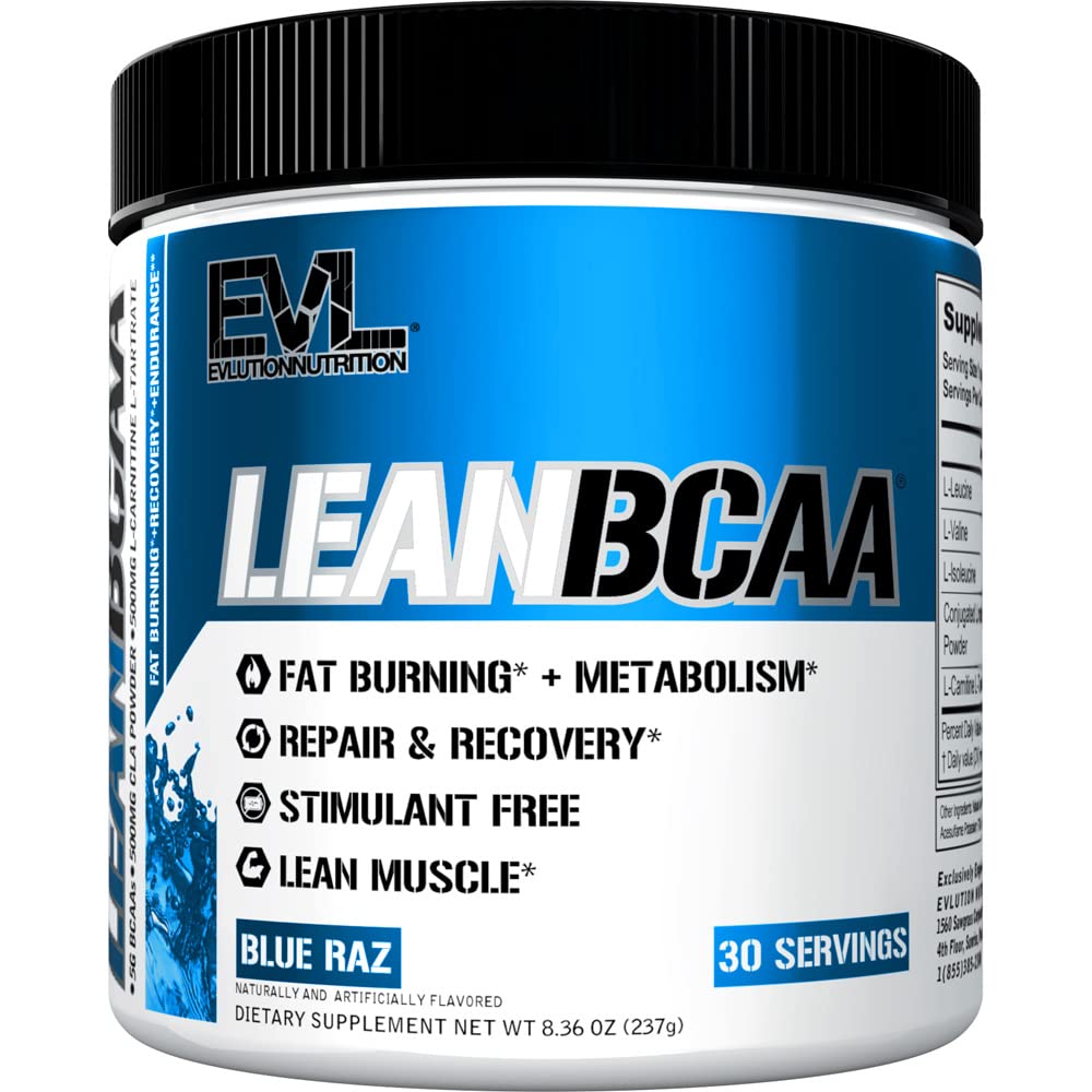 Boîte Evlution Lean BCAA en poudre Blue Raz prête à l’emploi, récupération musculaire possible.