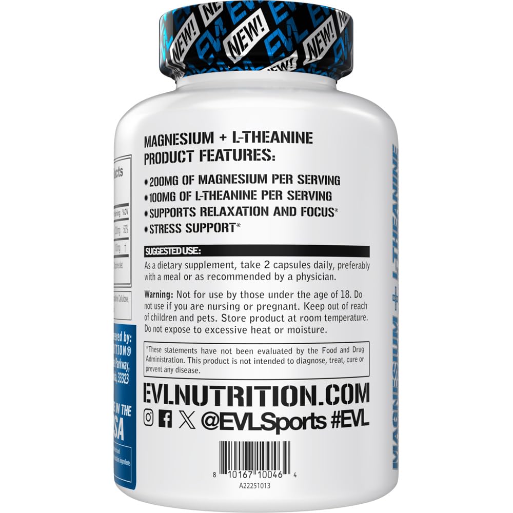 Evlution Magnesium + L-Theanine, gelules-veganes, prise quotidienne pratique.