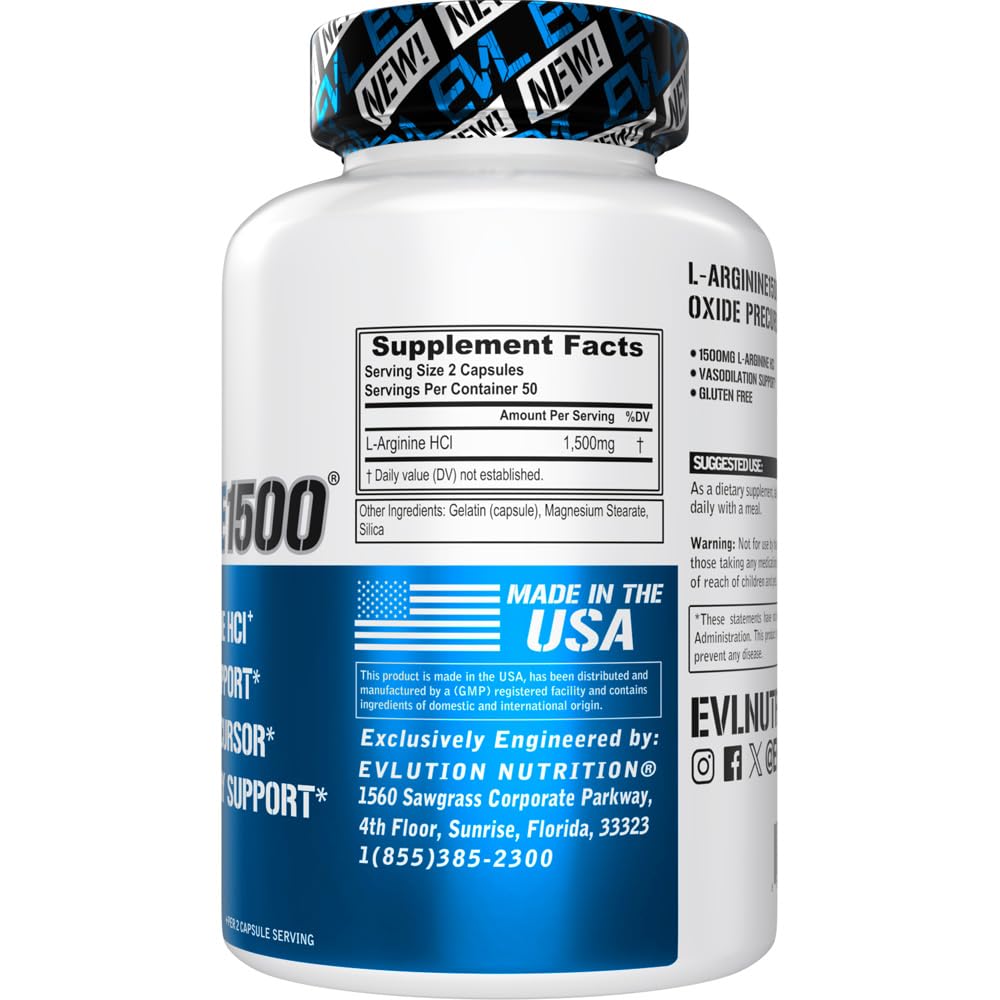 Étiquette Evlution Nutrition sur capsules L-Arginine, guide clair pour l'utilisation pré-entraînement.