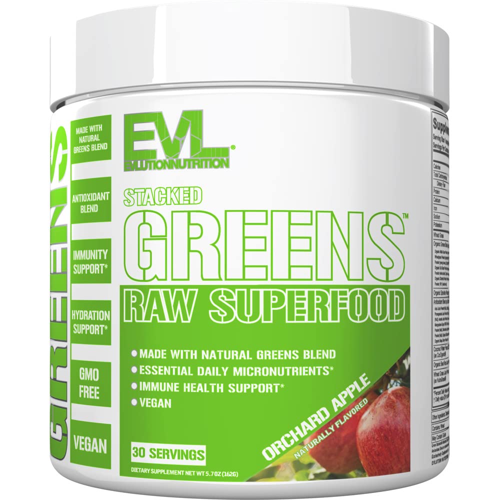 EVLUTION Stacked Greens en pot montrant l’étiquette pour un apport nutritionnel quotidien