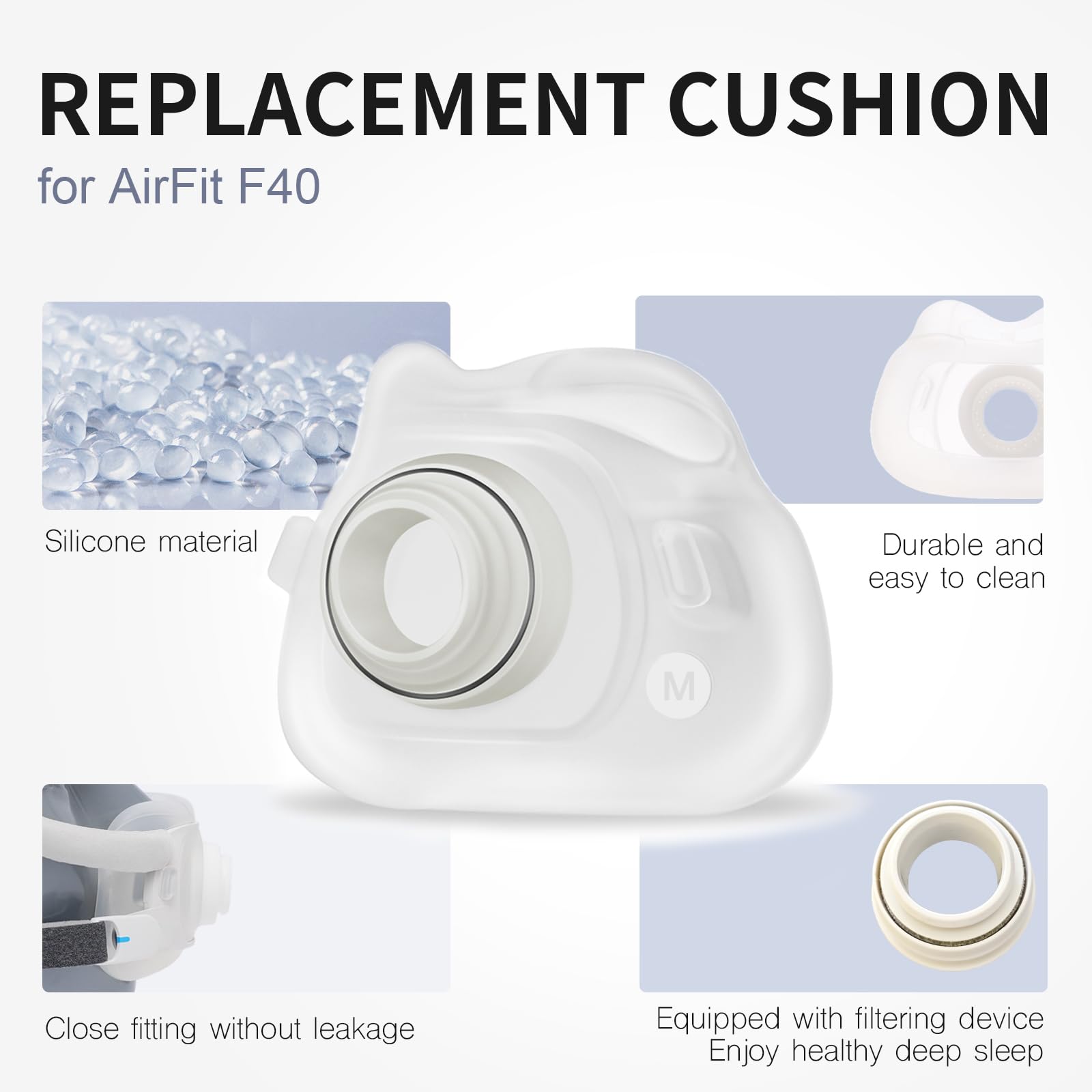 Évoclean coussin silicone AirFit F40 grand pour un maintien sûr.