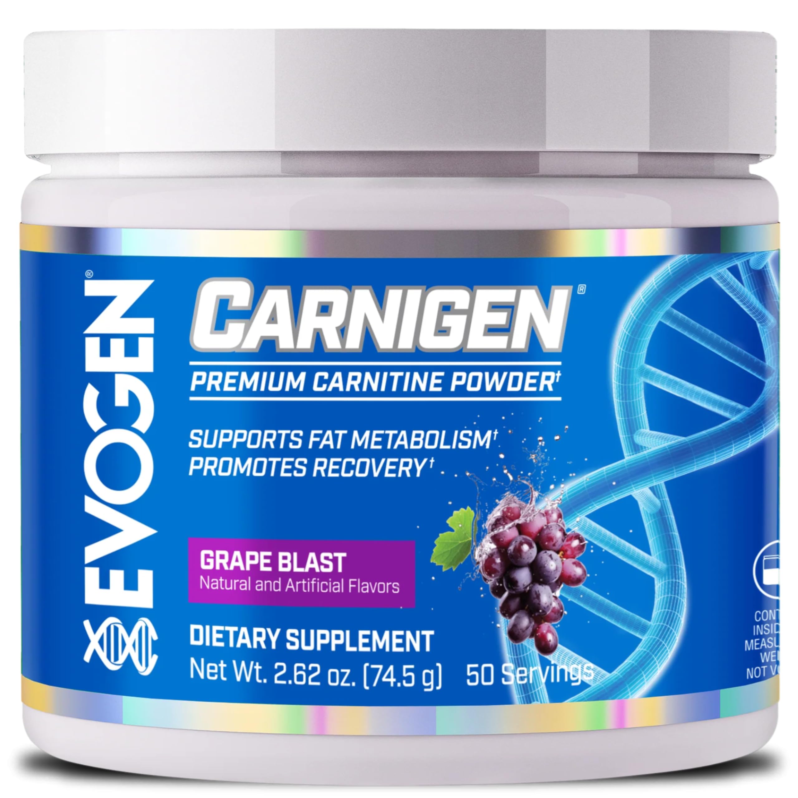 Evogen Carnigen en boîte, poudre raisin prête pour l’entraînement, énergie soutenue.