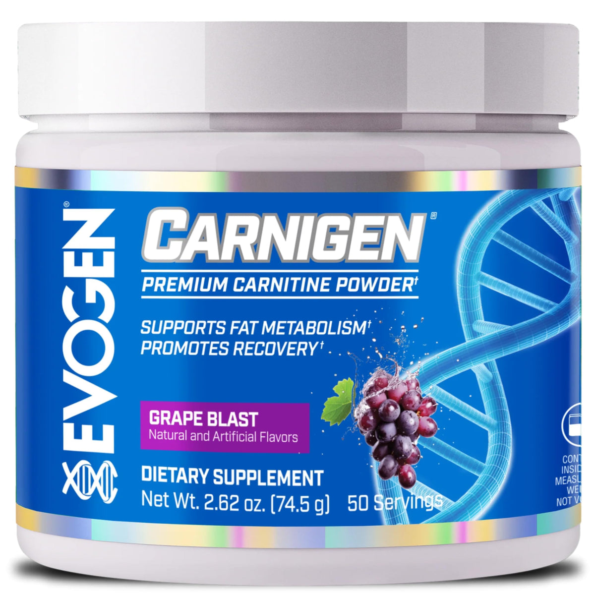 Evogen Carnigen en boîte, poudre raisin prête pour l’entraînement, énergie soutenue.