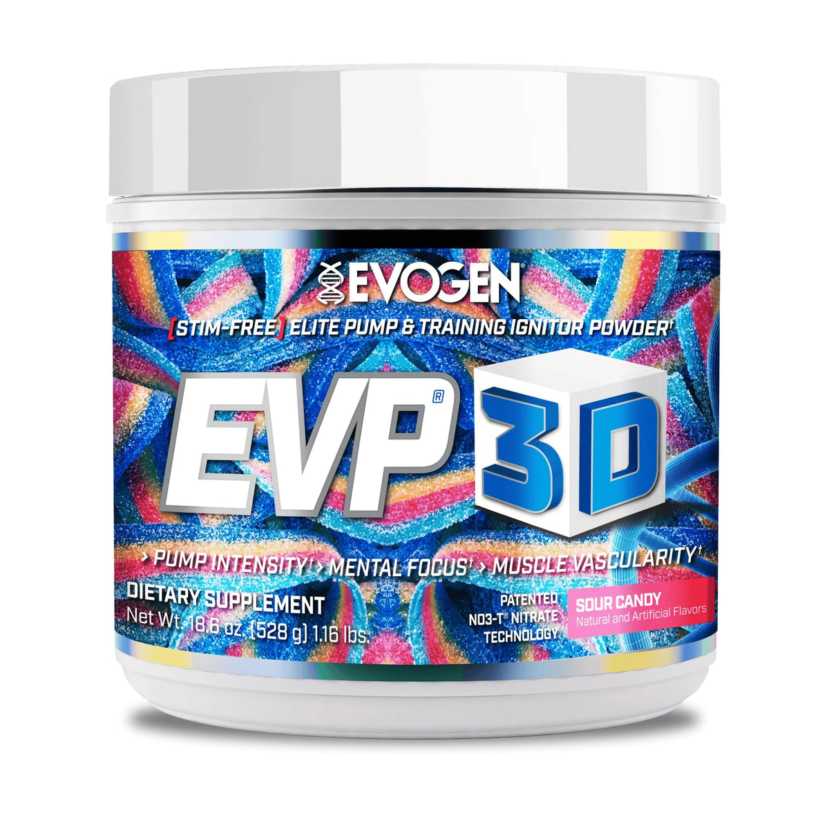 Evogen EVP 3D – bouteille Sour Candy montrant une pompe potentielle et énergie durable.