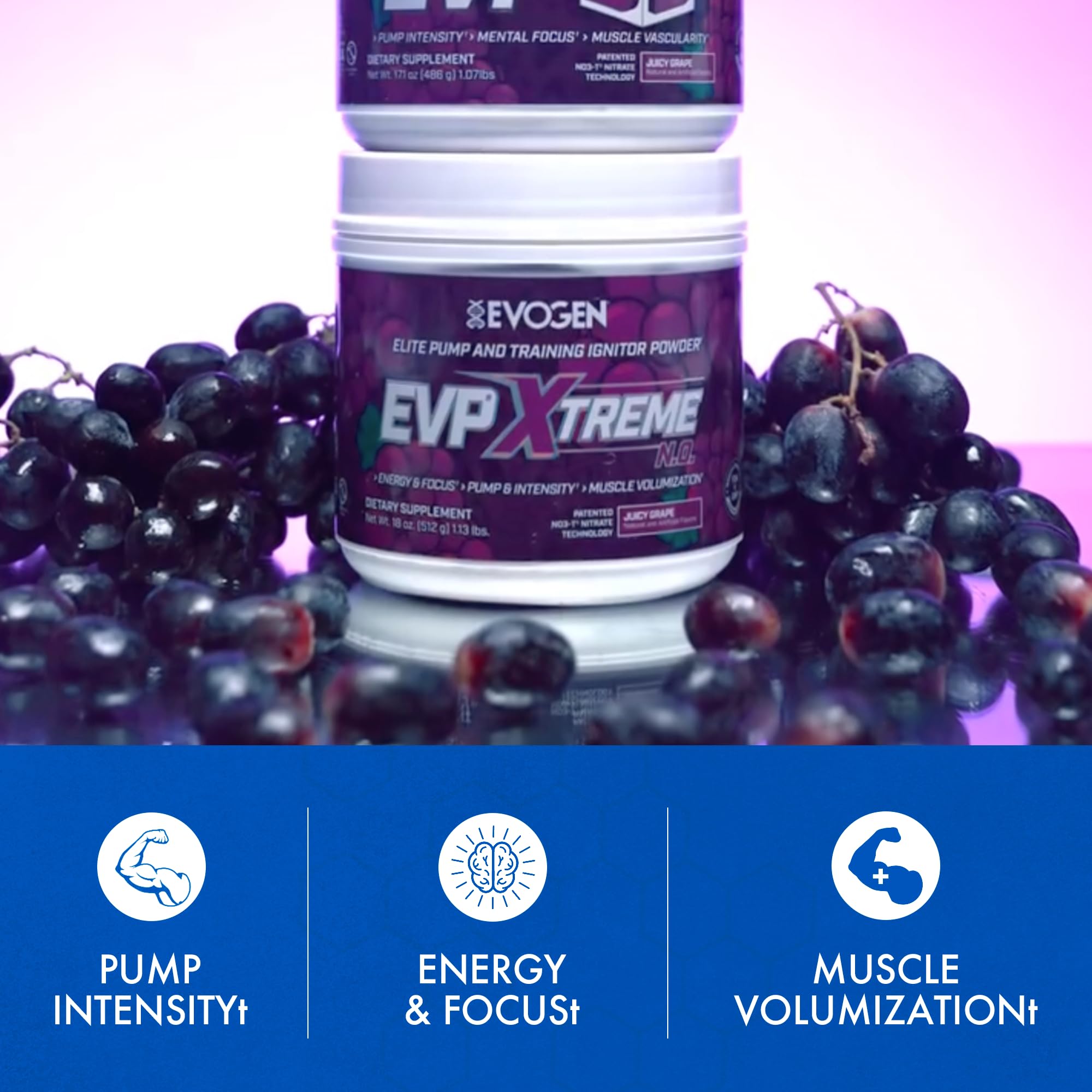 Boisson préparée Evogen EVP Xtreme NO mélangée à l'eau au goût raisin juteux