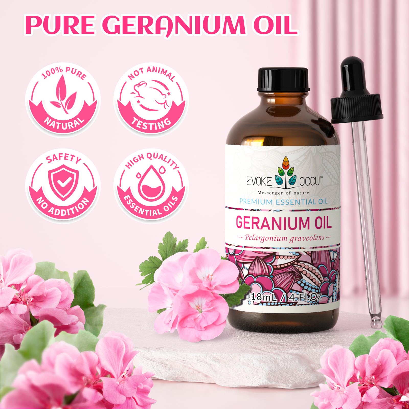 EVOKE OCCU huile géranium – flacon ambré protégeant la pureté de l’huile.