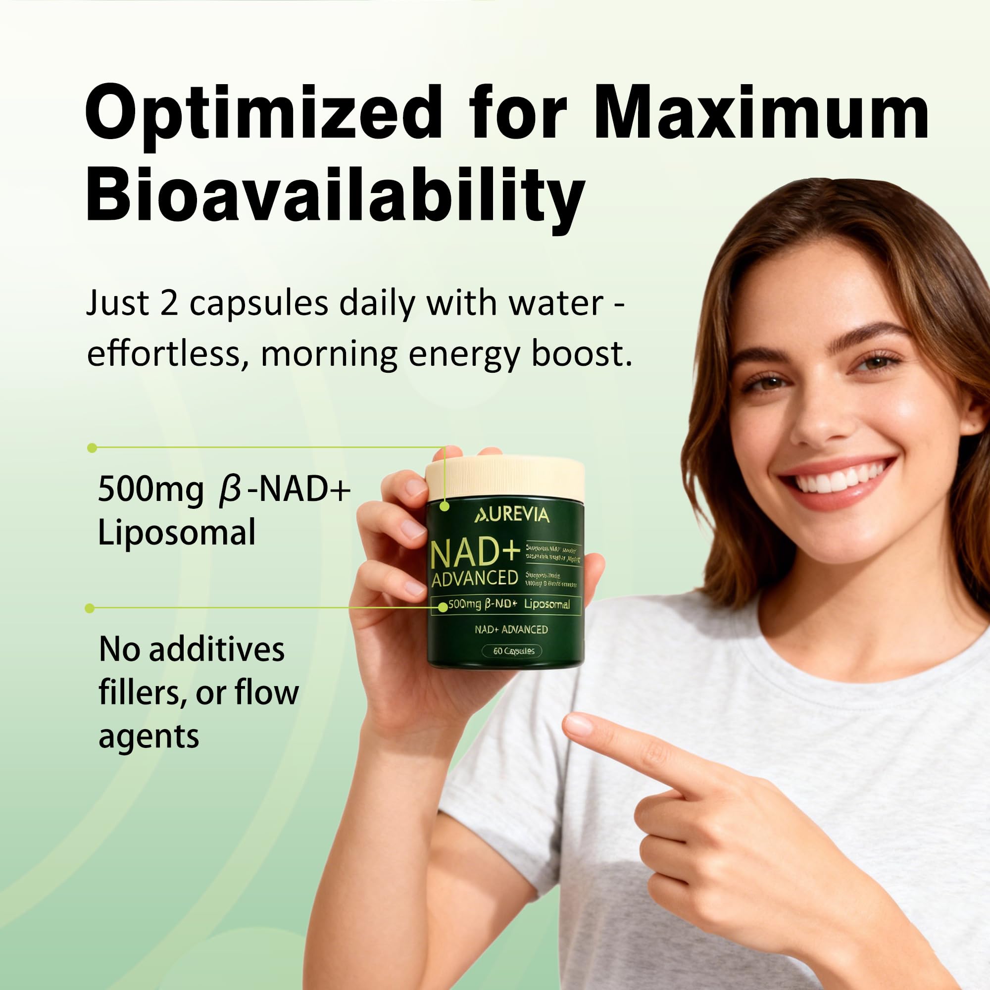 Evonex Aurevia NAD, ingrédients resveratrol et quercétine, soutien potentiel à la vitalité.