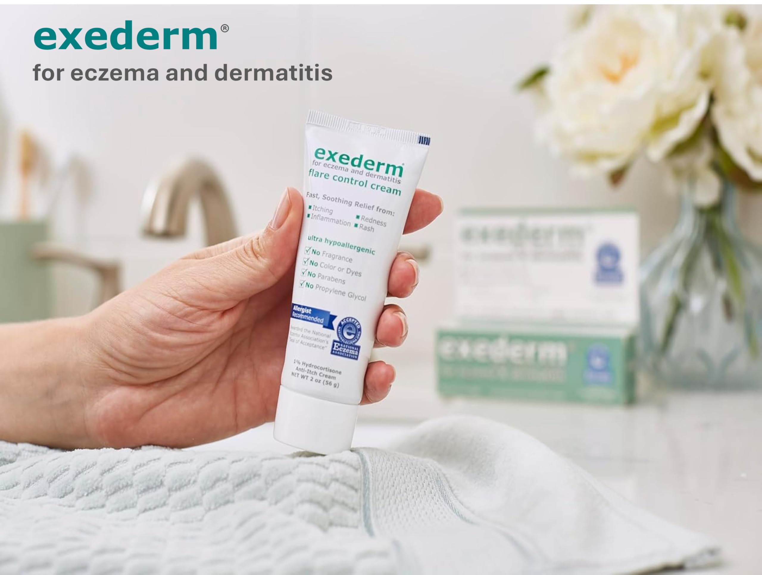 Exederm Flare Control Cream sur tube, pratique pour application ciblée