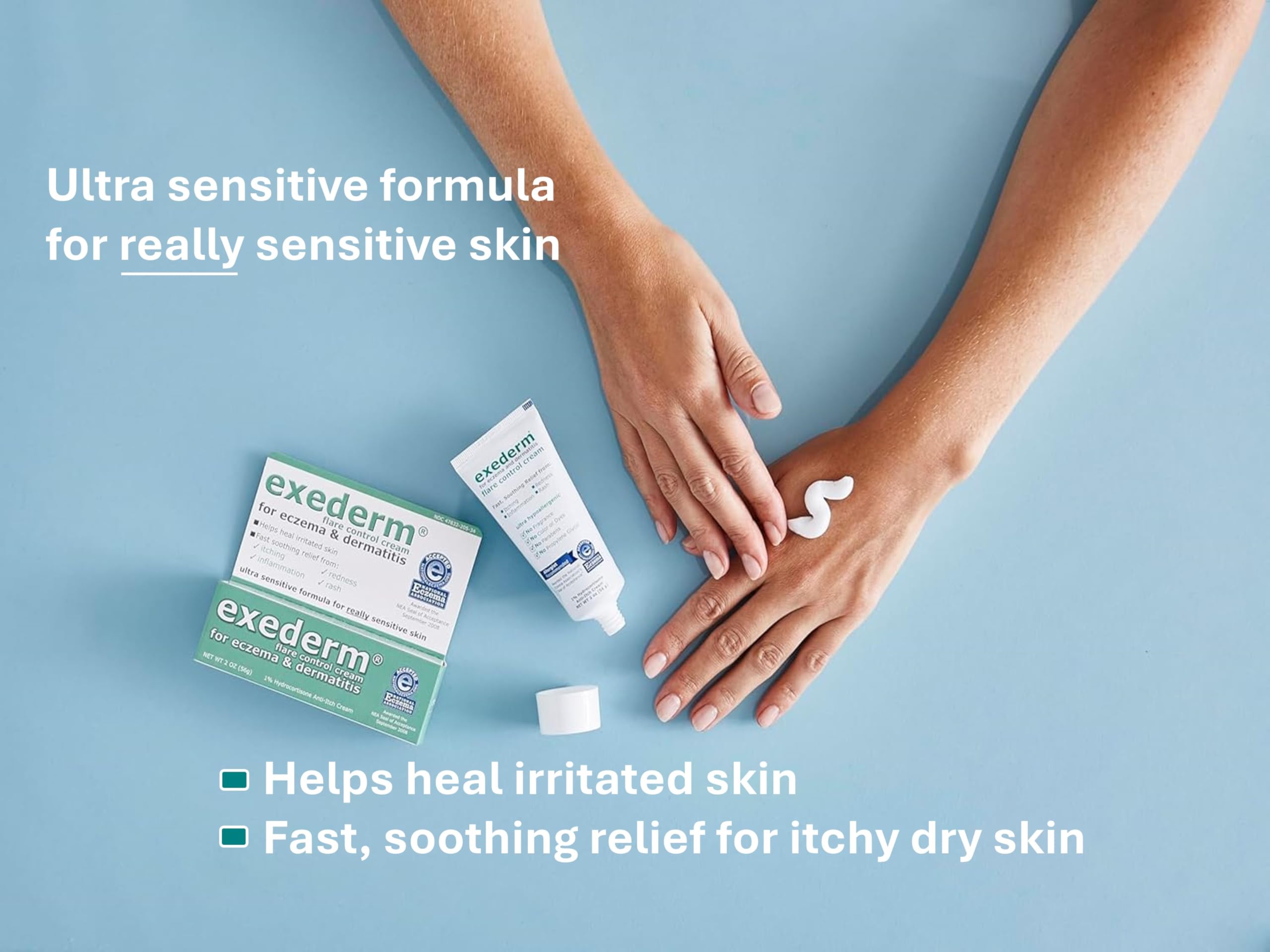 Exederm Flare Control Cream sur emballage, application uniforme