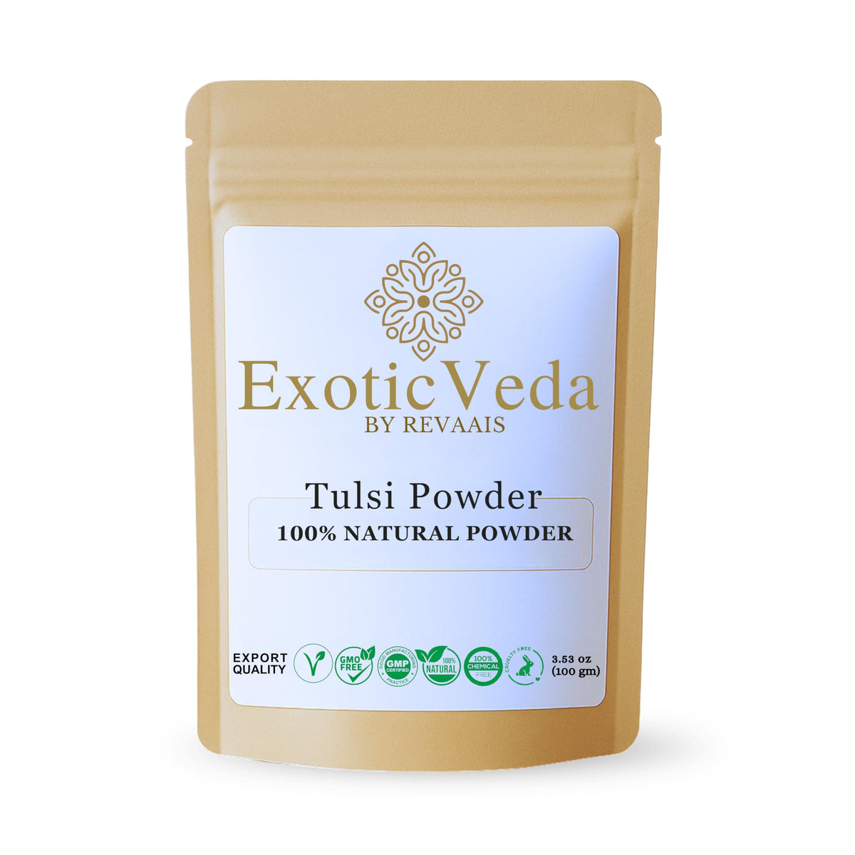Exotic Veda Poudre Tulsi emballage ferme préserve fraîcheur et arôme naturel.