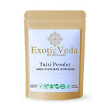 Exotic Veda Poudre Tulsi emballage ferme préserve fraîcheur et arôme naturel.