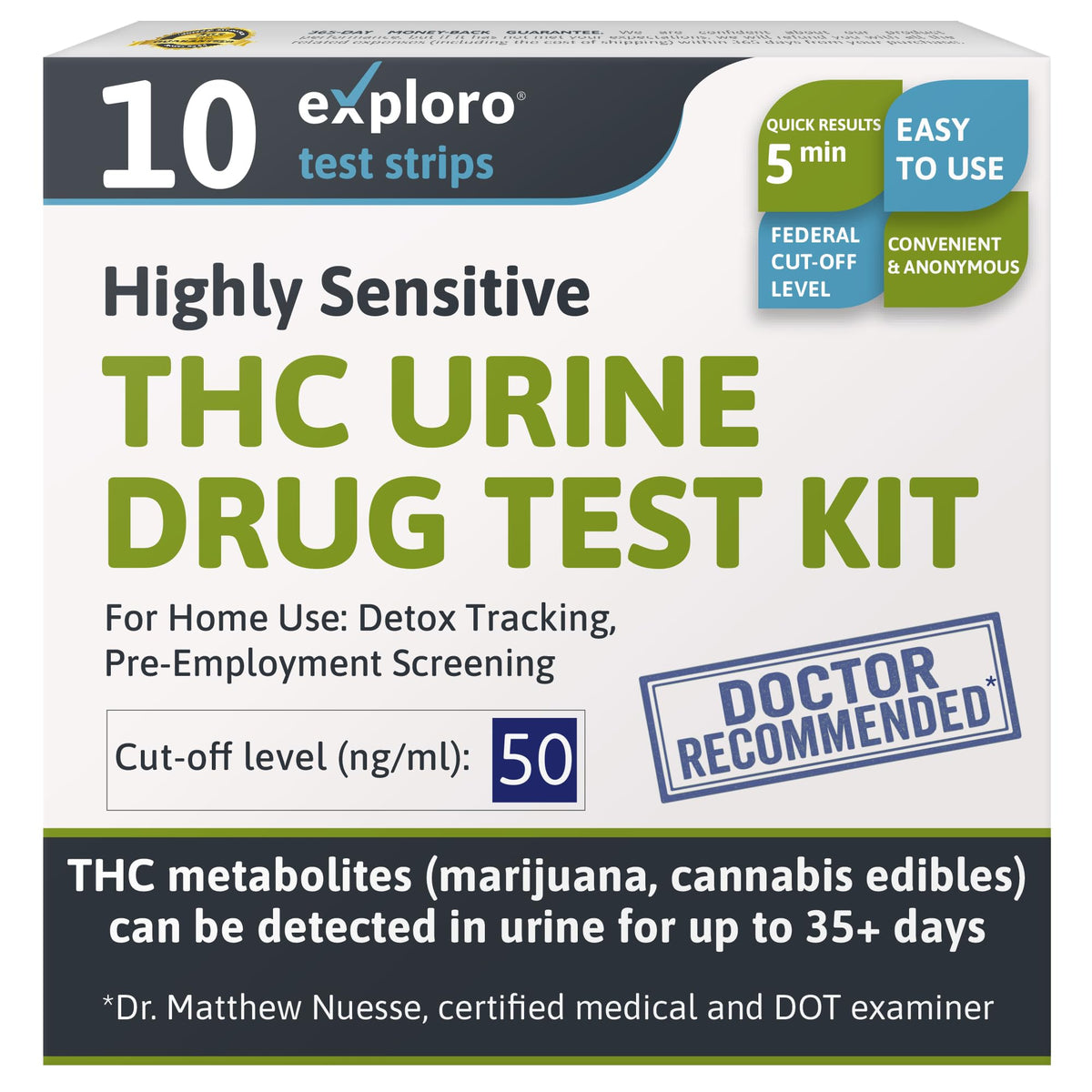 Le kit Exploro test THC dans l'urine, emballage prêt à l'emploi pour maison.
