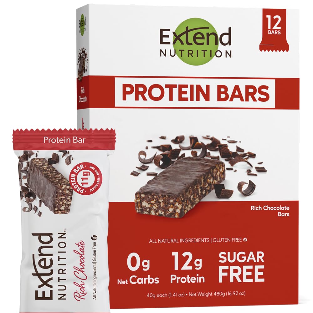 Extend Bar emballage élégant de la barre protéinée sans sucre au chocolat, prêt à l'emporter.