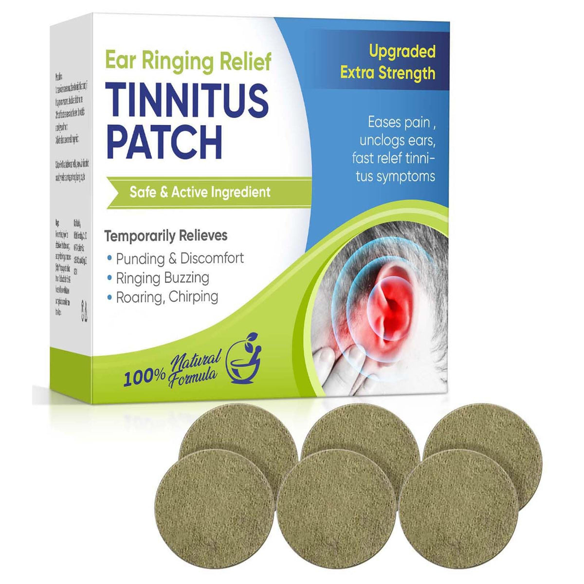 EXVITAMIN patch acouphenes appliqué derrière l’oreille pour soulagement potentiel.