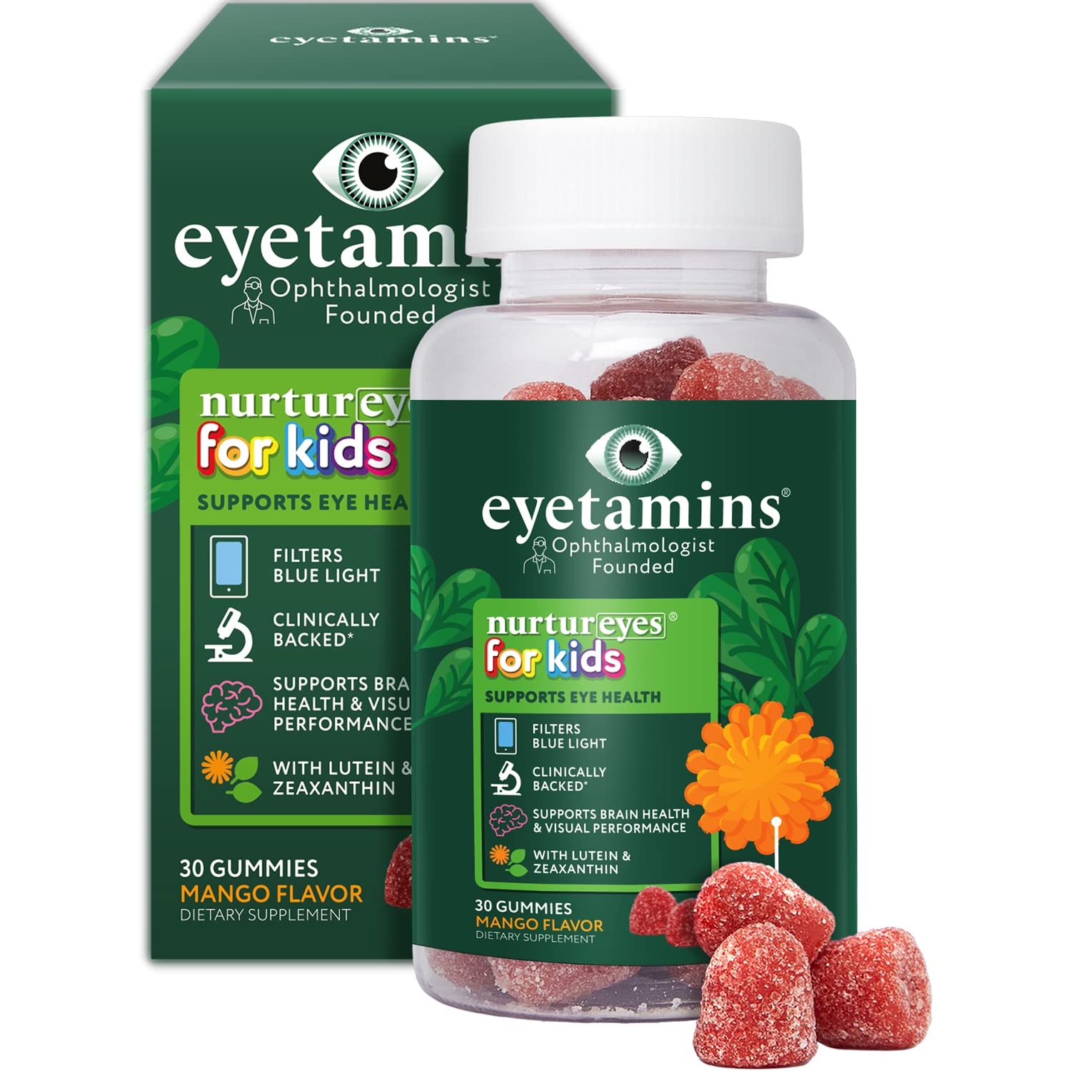 eyetamins Nurtureyes gummies mangue en bouteille, soutien visuel pour enfants.