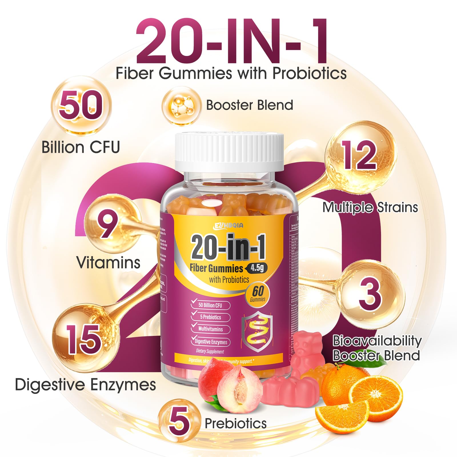 EYHBQIA Gommes orange, goût fruité et apport en fibres.