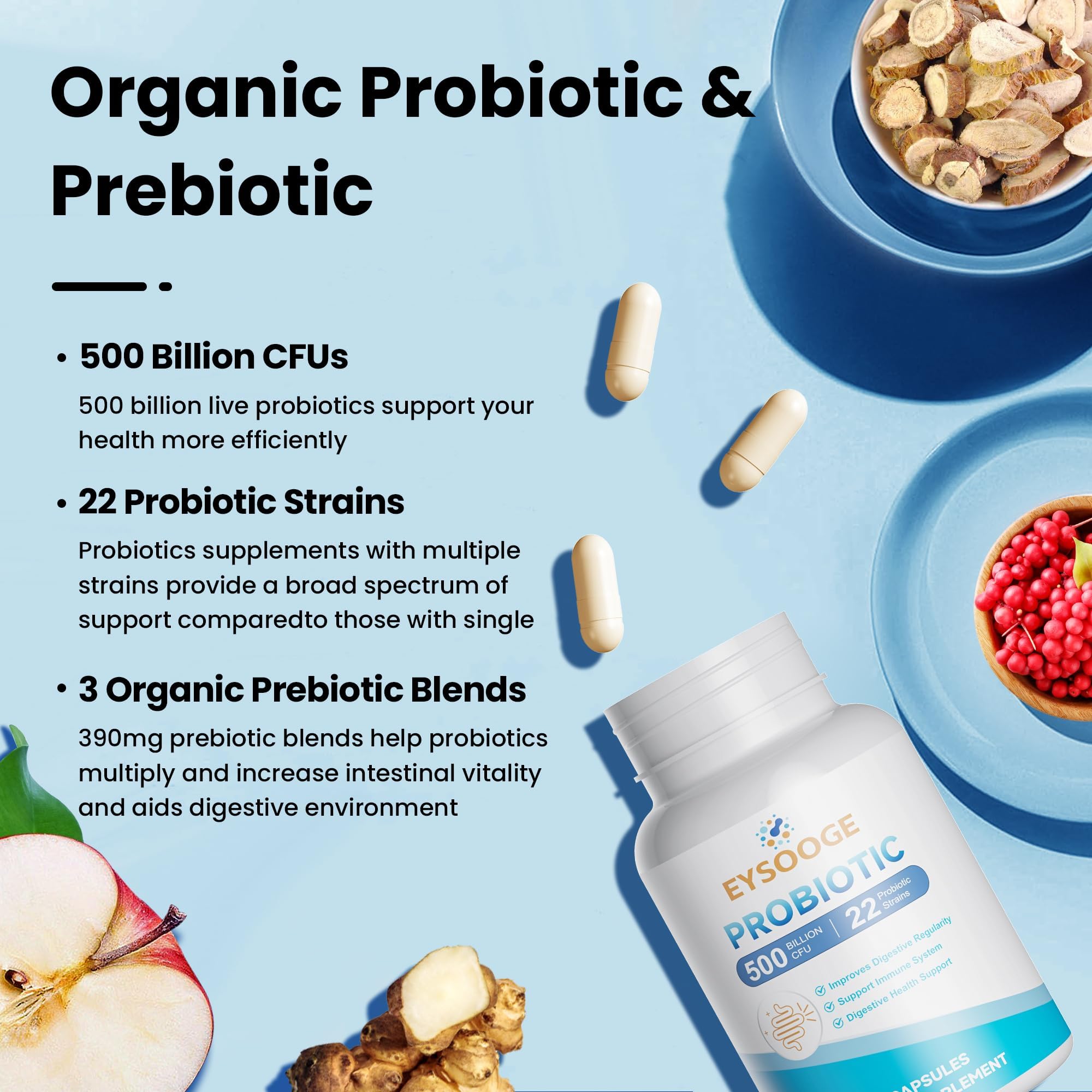 Eysooge Probiotiques: 22 souches variées pour équilibre intestinal.