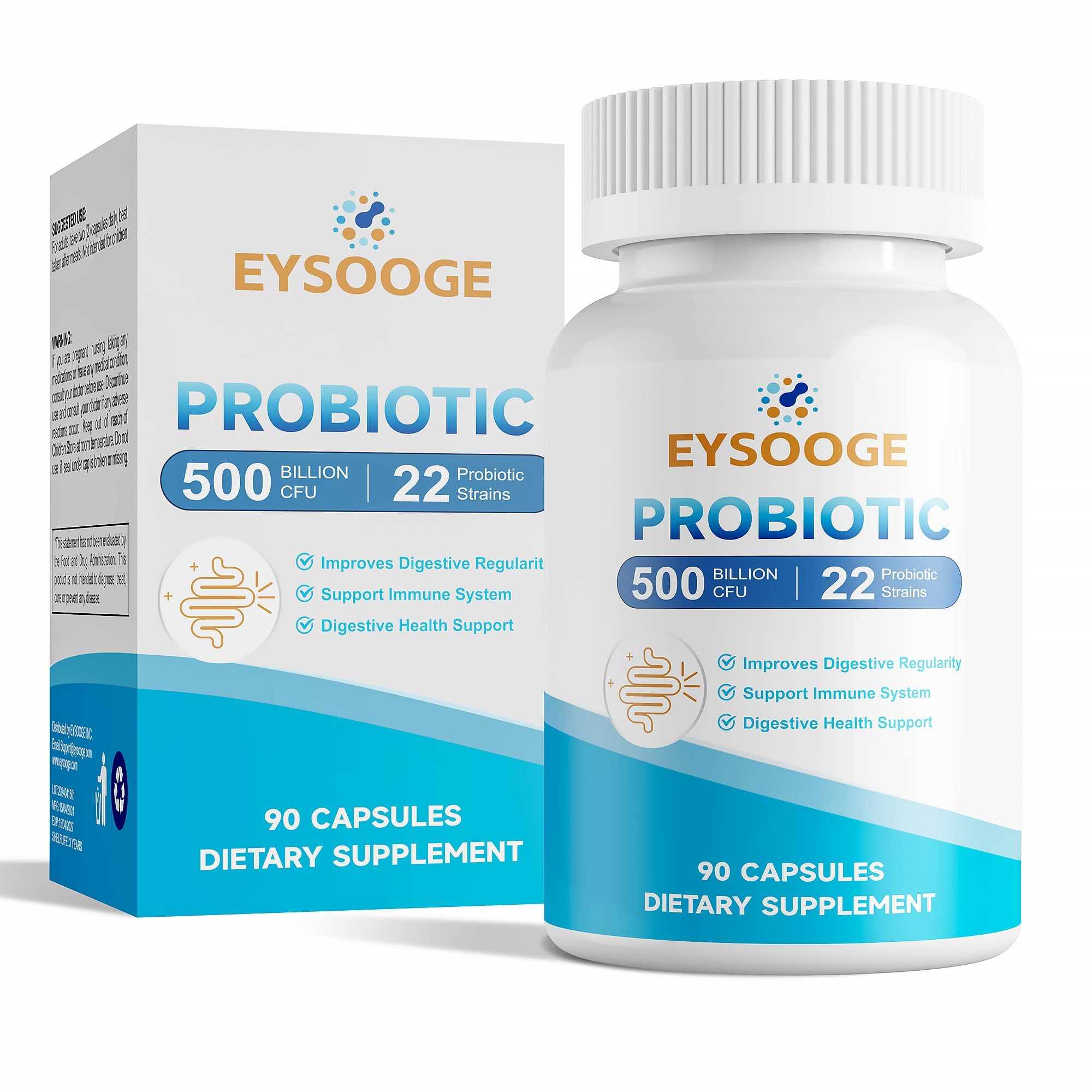 Eysooge Probiotiques: bouteille et emballage visibles, soutien digestif quotidien potentiel.