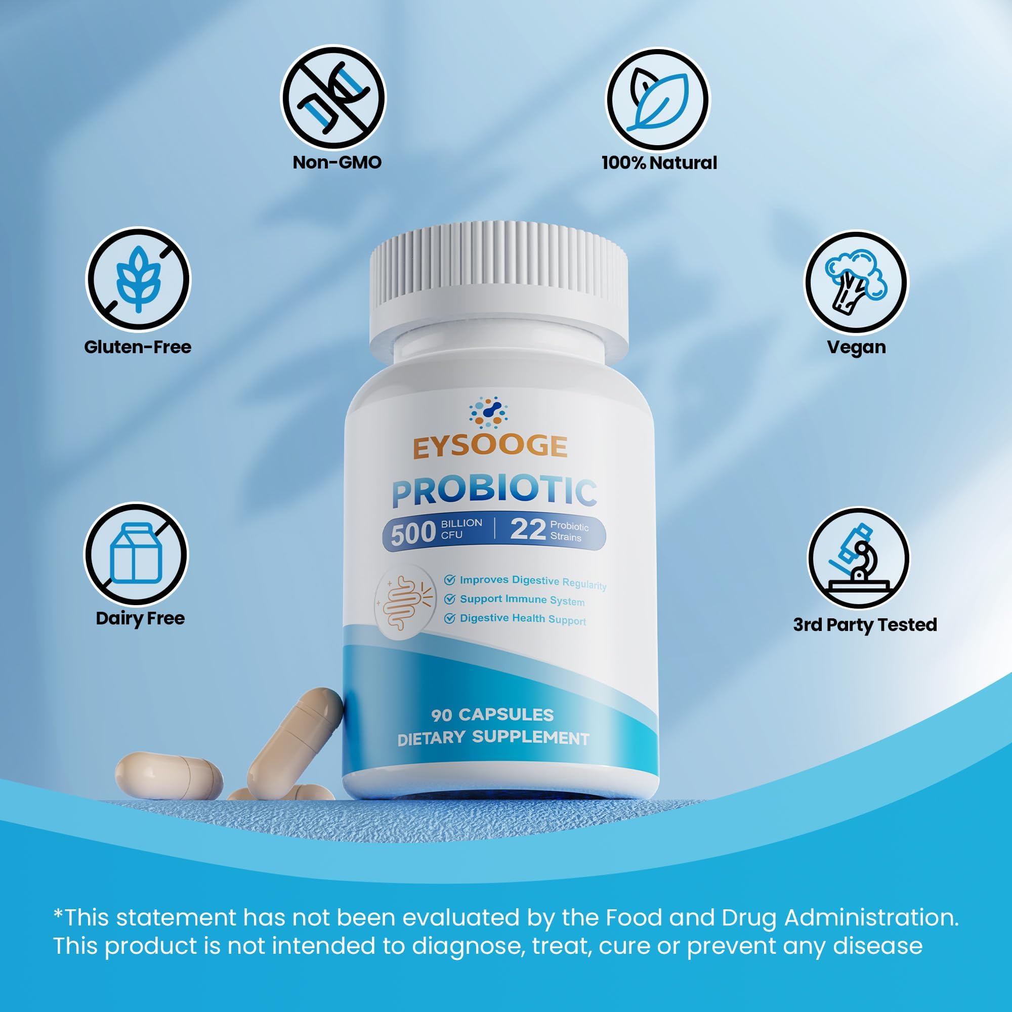 Eysooge Probiotiques: capsules véganes sans allergènes courants.