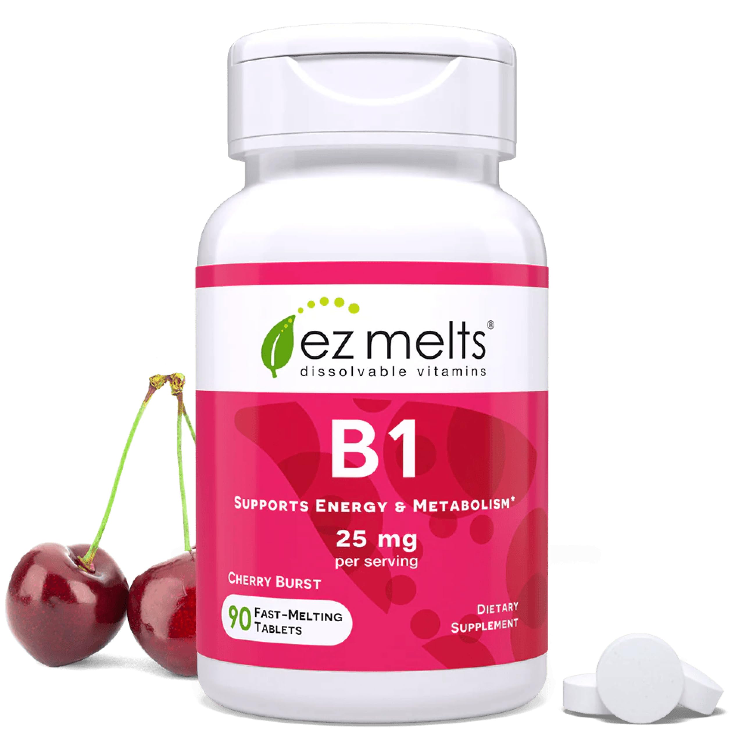 EZ Melts B1 25 mg, tablettes dissolvables cerise, énergie ponctuelle pratique.