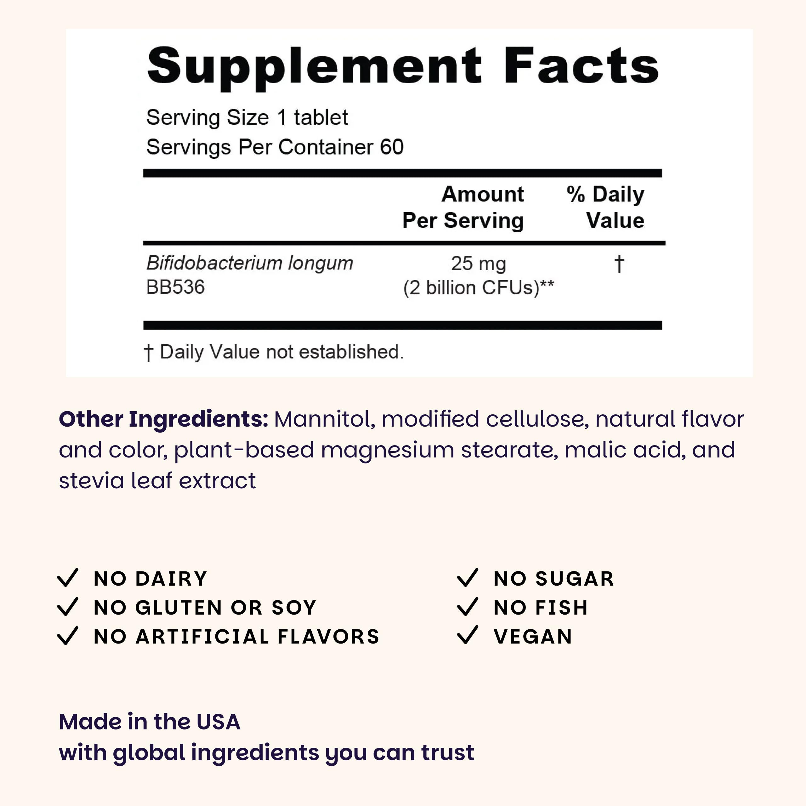 EZ Melts Probiotique, flacon BB536 soutenant la flore intestinale.