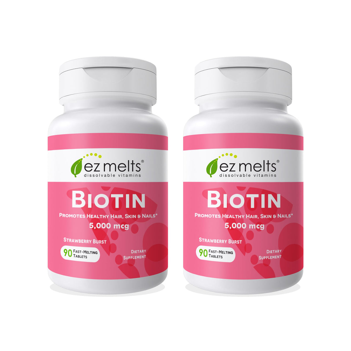 EZ Melts Biotin sur bouteille, etiquette claire pour une prise rapide.