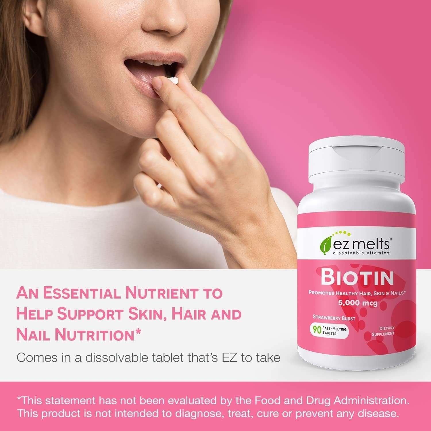 Etiquette 5000 mcg EZ Melts Biotin, vegan et sans OGM.