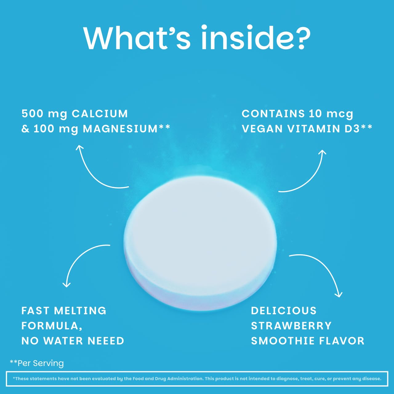 EZ Melts Calcium & Magnesium — tablette-en-bouche démontrant la dissolution rapide.