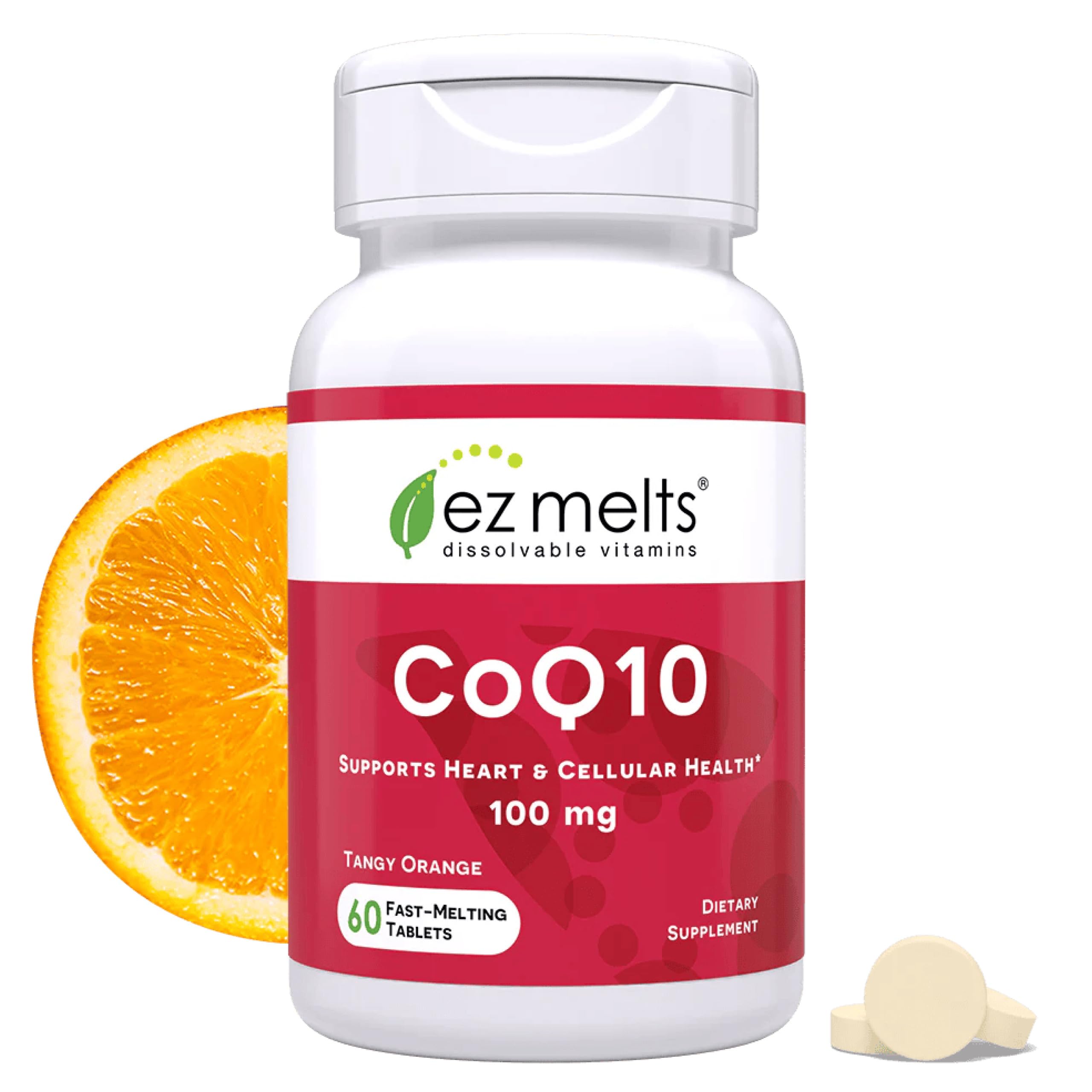 EZ Melts CoQ10, tablette dissolvable orange pour absorption rapide.
