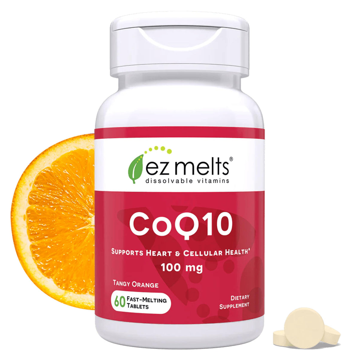 EZ Melts CoQ10, tablette dissolvable orange pour absorption rapide.