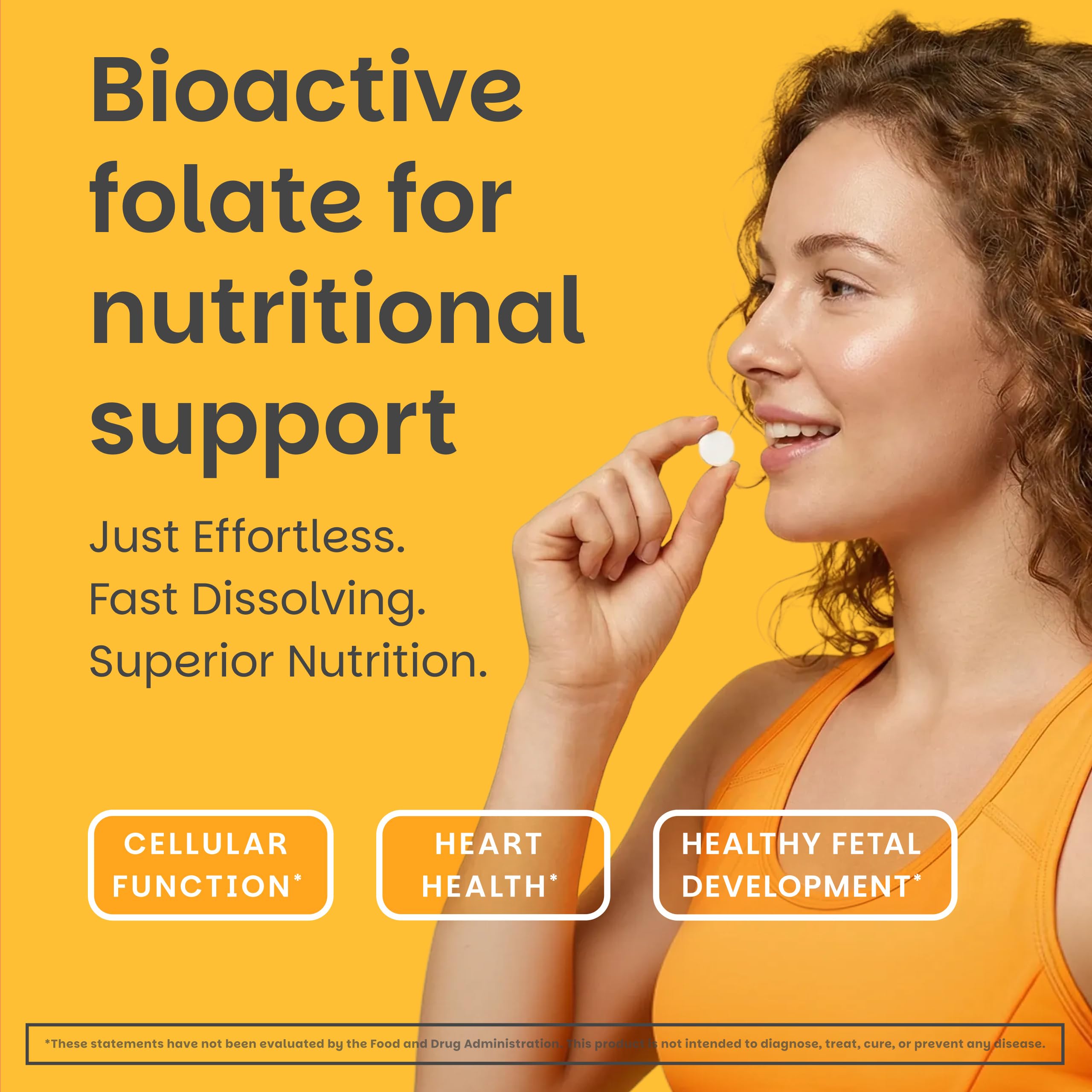 EZ Melts Folate: bouteille orange montrant le format pratique pour le quotidien.