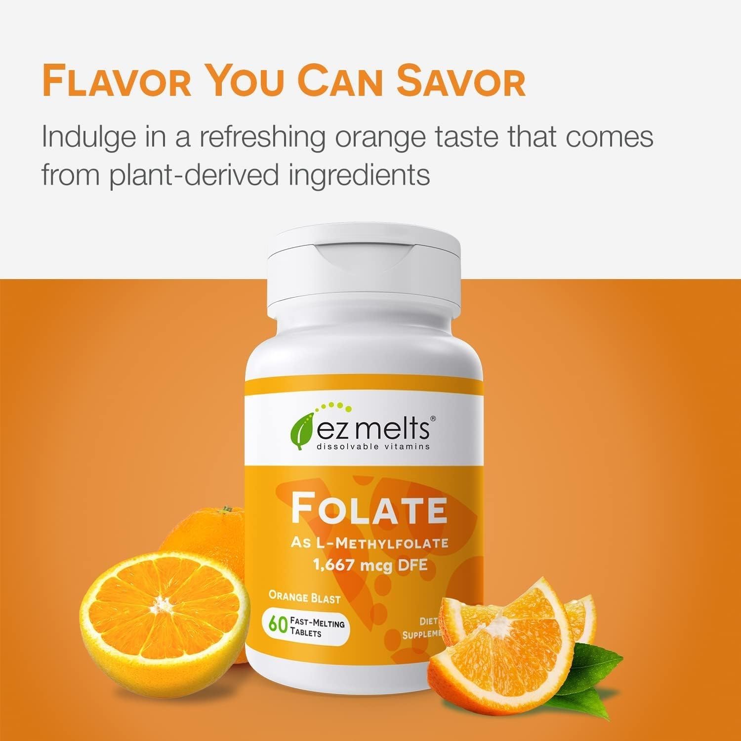 EZ Melts Folate DFE: Saveur Orange et dissolution rapide.