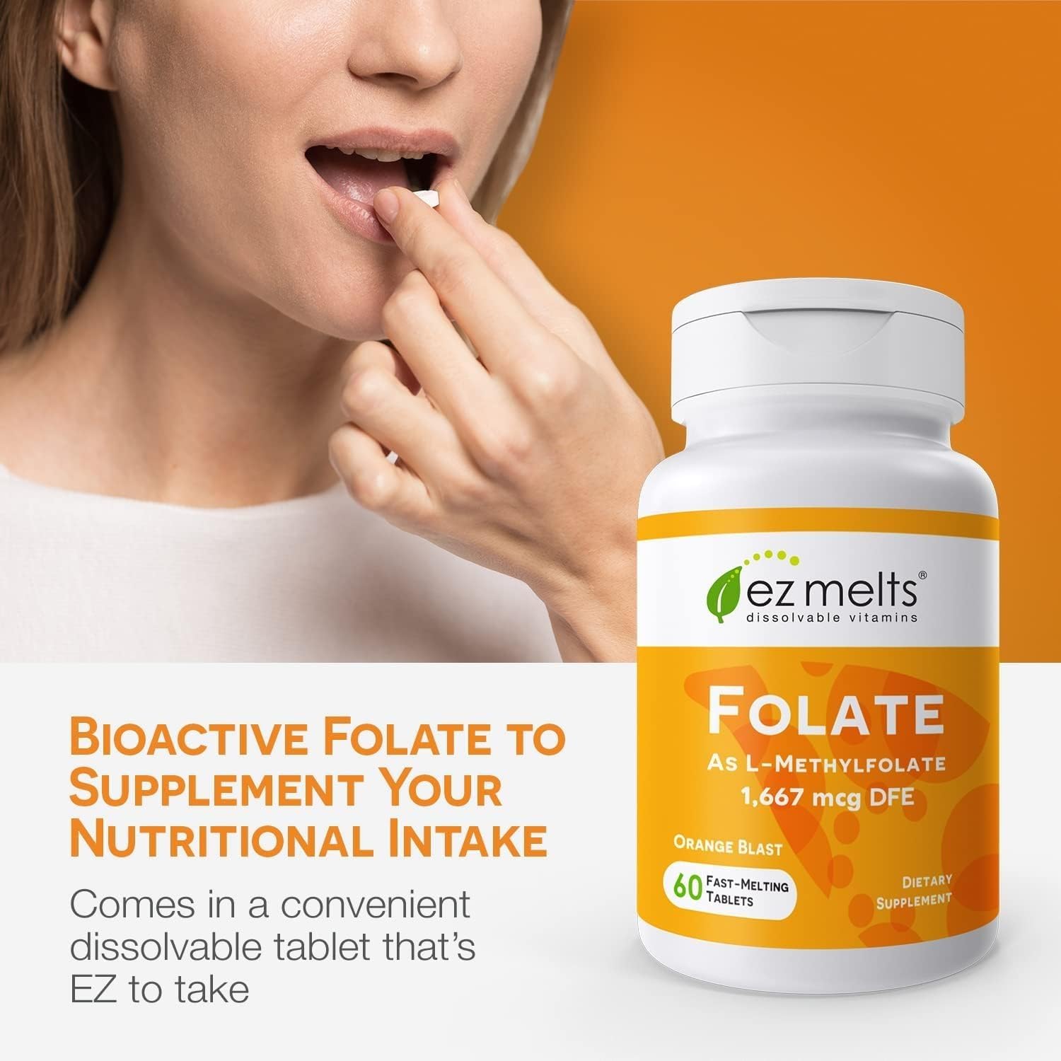 EZ Melts Folate DFE: Pastille orange dissolvable prête à fondre.