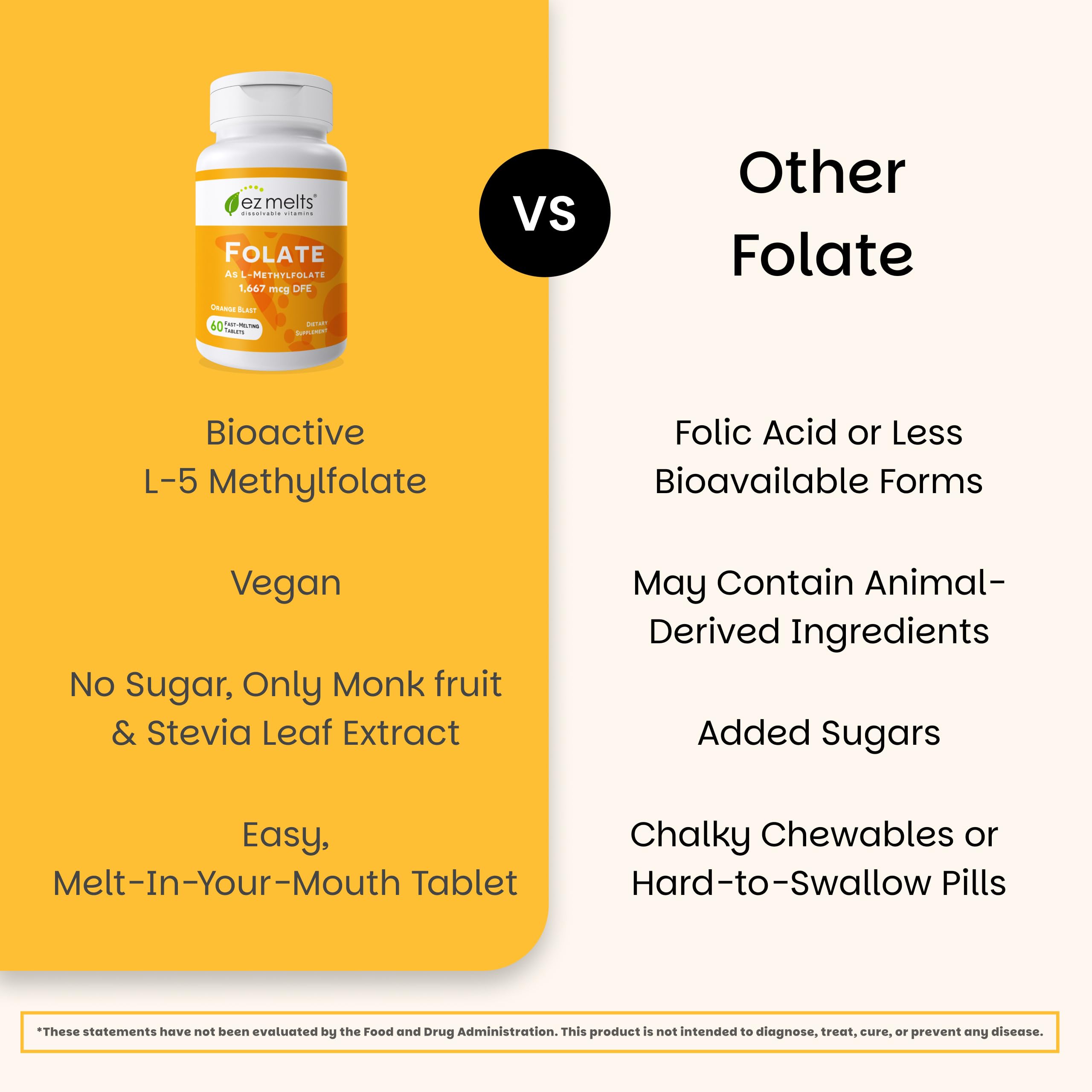 EZ Melts Folate: emballage vegan et sans OGM mis en évidence.