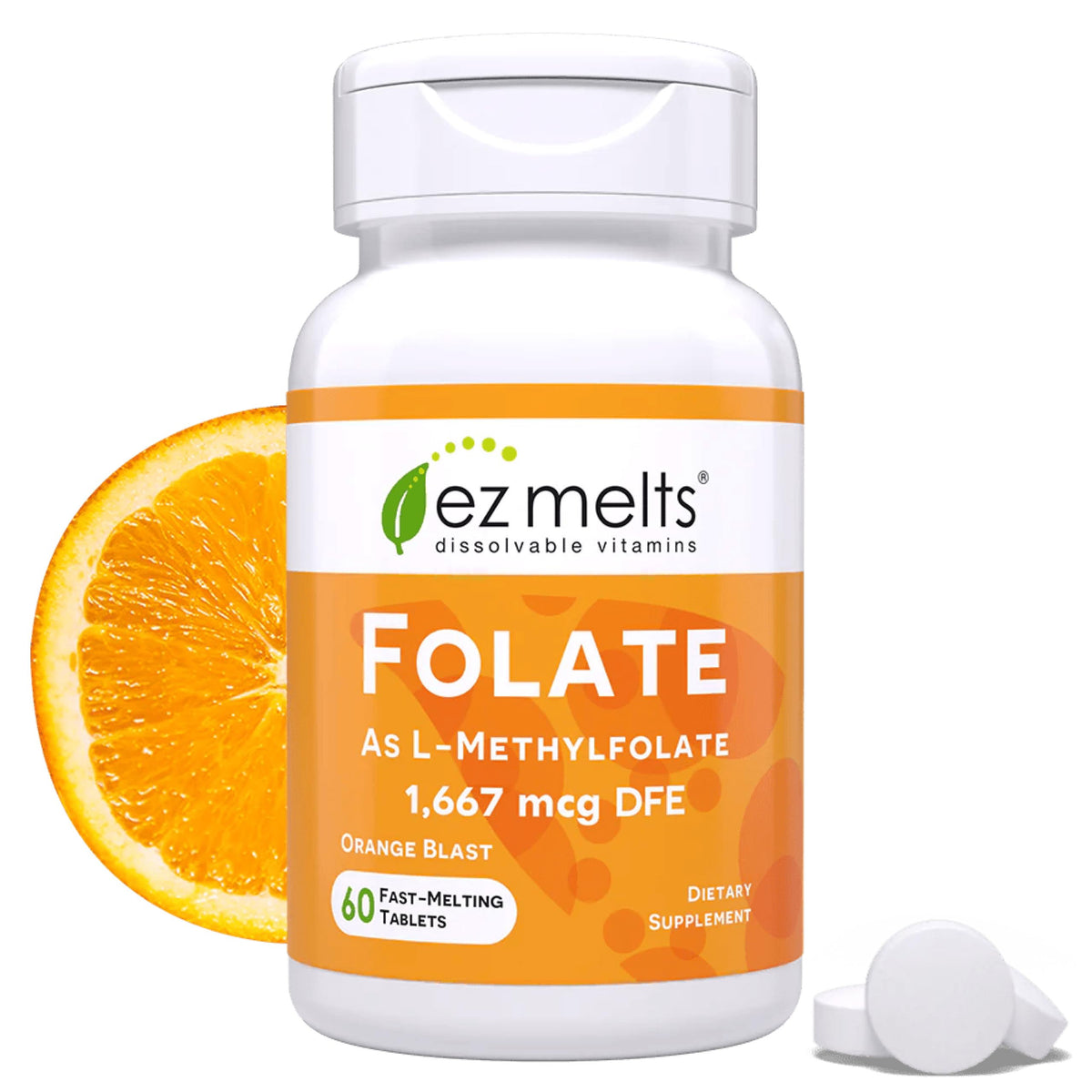 EZ Melts Folate: tablette dissolvante orange facilitant la prise quotidienne.