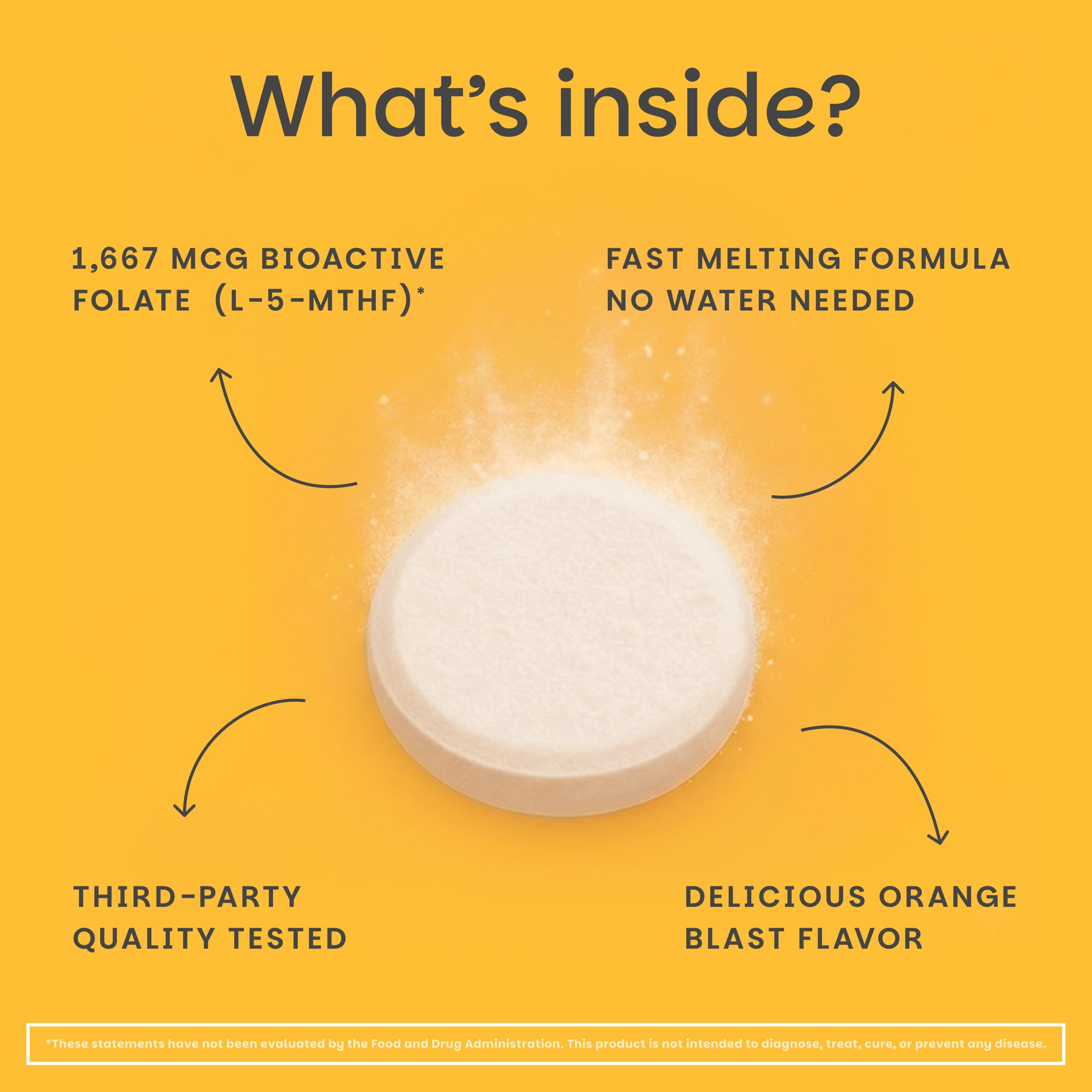 EZ Melts Folate: comprimé dissolvable rapide prêt à être utilisé.