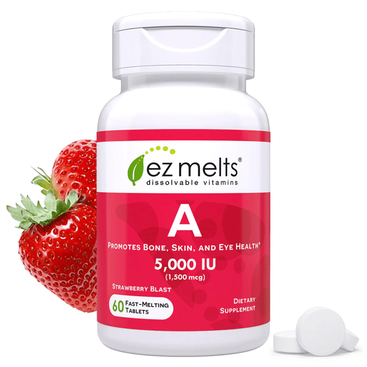 EZ Melts Vitamine A, tablettes dissolvables rapides pour un apport quotidien pratique.