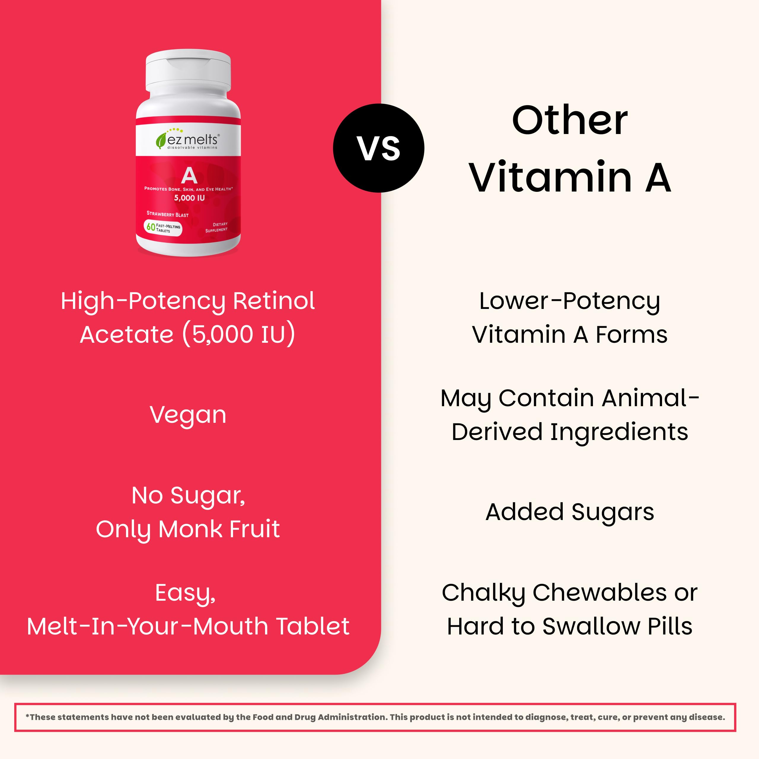 EZ Meltes Vitamine A, formule vegan sans OGM et sans additifs artificiels.