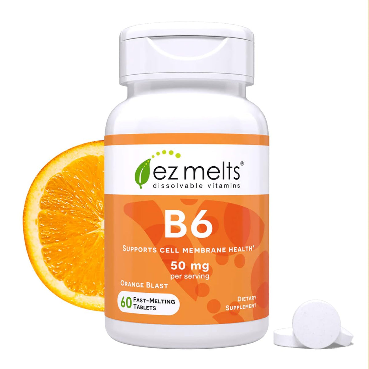 EZ Melts Vitamin B6 bouteille Orange Blast pour énergie rapide et goût fruité.